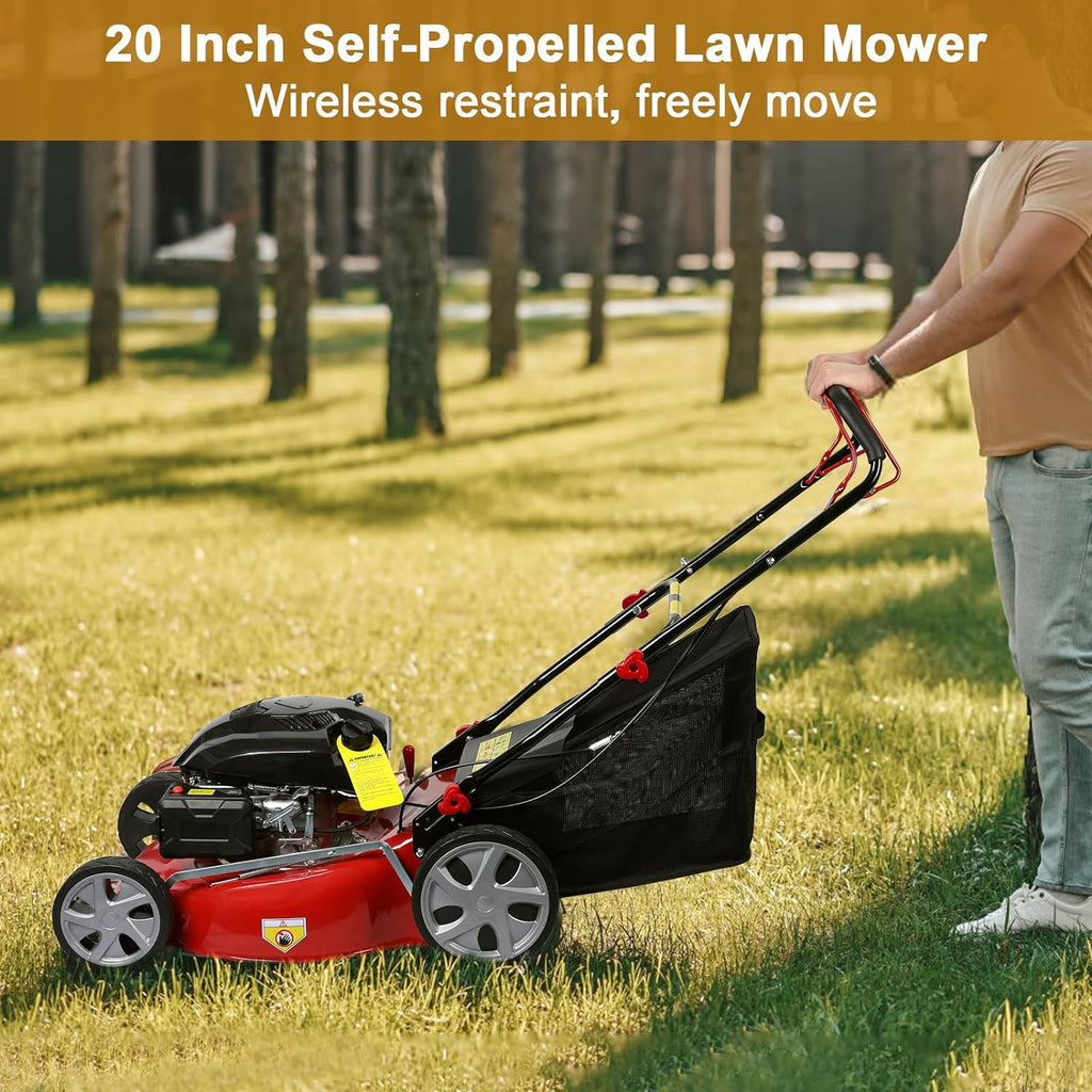 Self Propelled Gas Lawn Mower,20 Inch Lawn Machine Adjustable Length 141cc Gas Engine Mower Ergonomic Handle 2850rpm Walk Behind Mower with 50L Grass Tank High Rear Wheel for Lawn Care Red