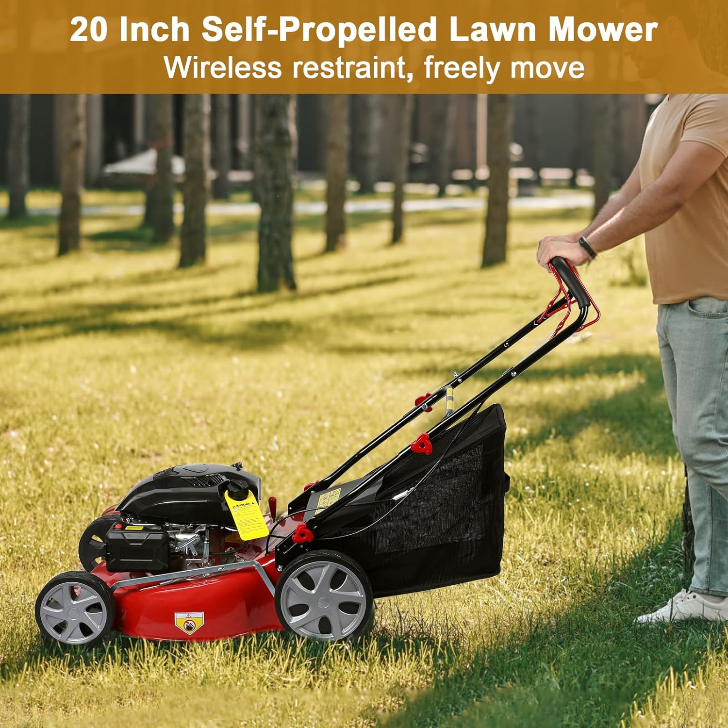 Self Propelled Gas Lawn Mower,20 Inch Lawn Machine Adjustable Length 141cc Gas Engine Mower Ergonomic Handle 2850rpm Walk Behind Mower with 50L Grass Tank High Rear Wheel for Lawn Care Red