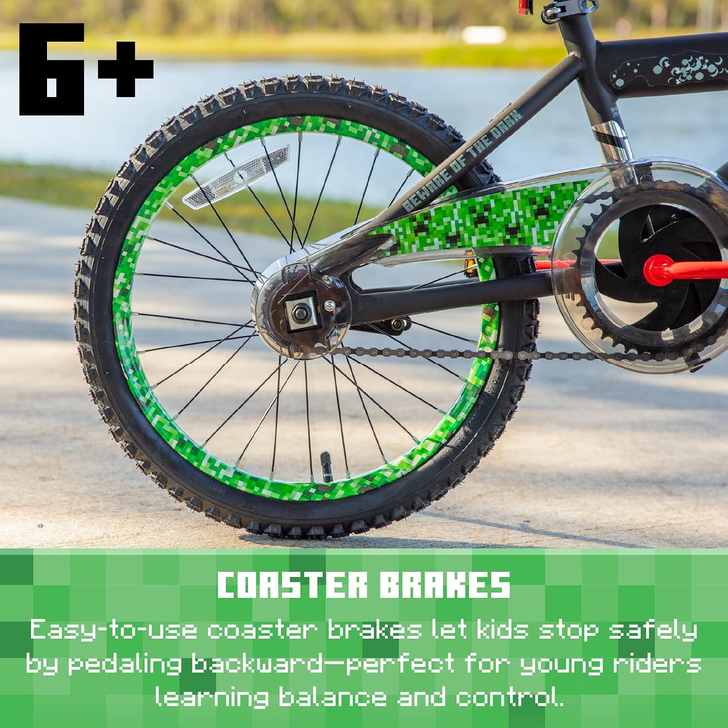 Minecraft 18-Inch Kids Bike - Unisex Bike with Creeper Graphics, Coaster Brake, Adjustable Seat, Removable Training Wheels, Ages 6-9, 42'-53' Tall