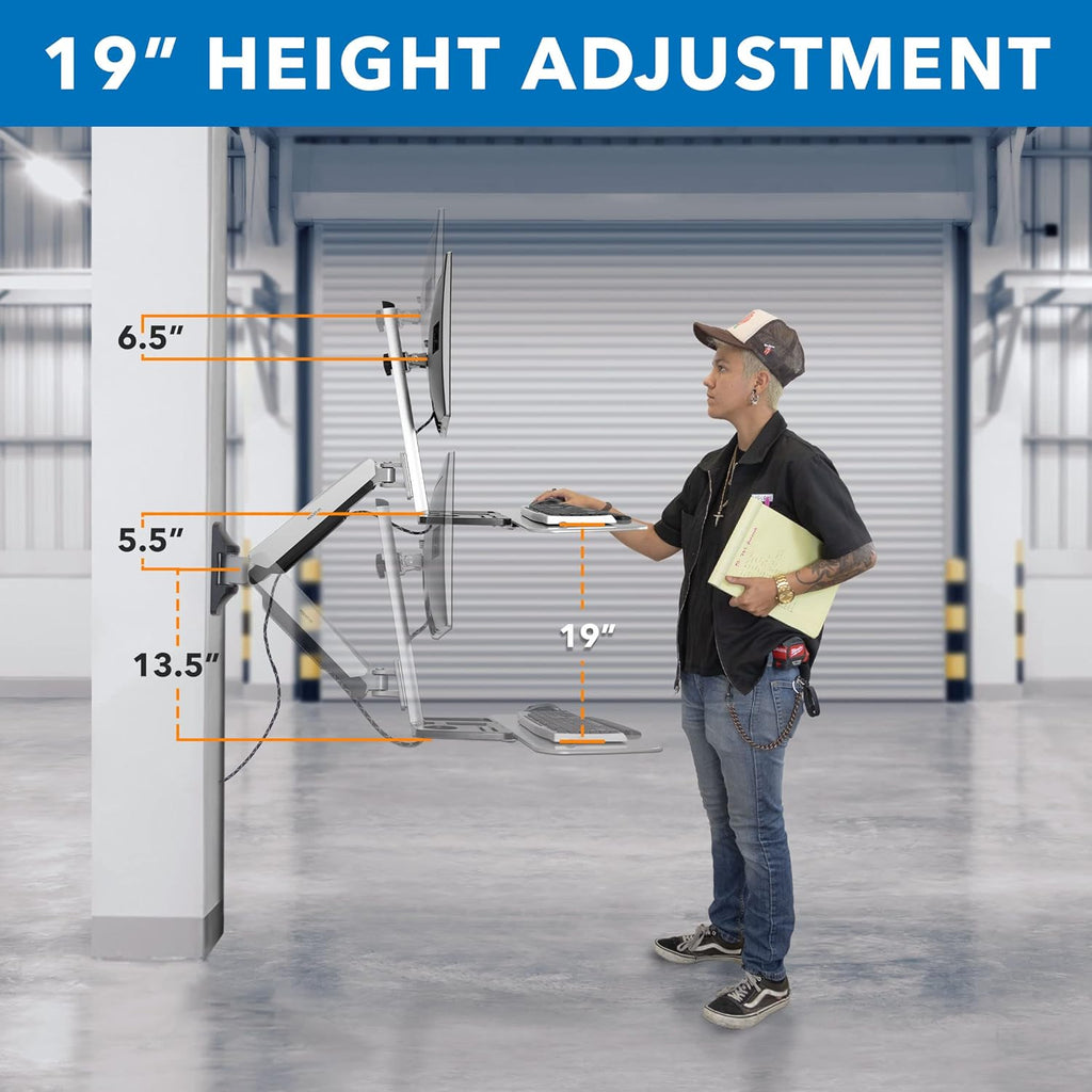 Mount-It! Wall Mounted Sit-Stand Single Monitor Workstation with Gas Spring Arm, Keyboard Tray & CPU Holder, 19.9' Height Adjustment, 41' Extension, VESA 75x75 100x100, MI-7905