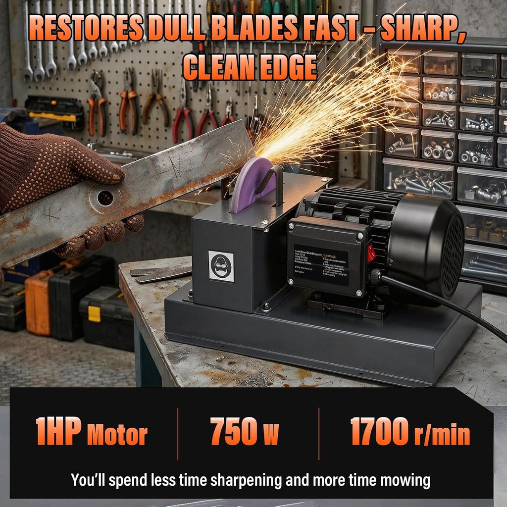 Lawn Mower Blade Sharpener – 1HP 750W Lawnmower Bench Grinder with 9-Inch Ceramic Grinding Wheel, Extra 60-Grit Ceramic Sandpapers, and 30°/40° Brackets for High/Low Lift, Gator & Flat Blades