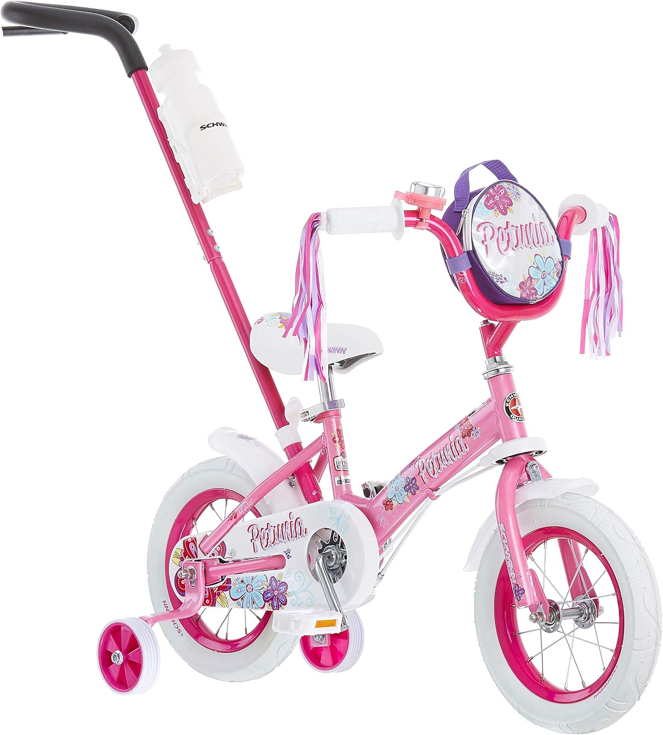 Schwinn Petunia and Grit Bike, Bike for Kids Ages 2-4, Steerable Beginner Bicycle with Training Wheels, Parent Push Handle, Rear Coaster Brake, Adjustable Seat