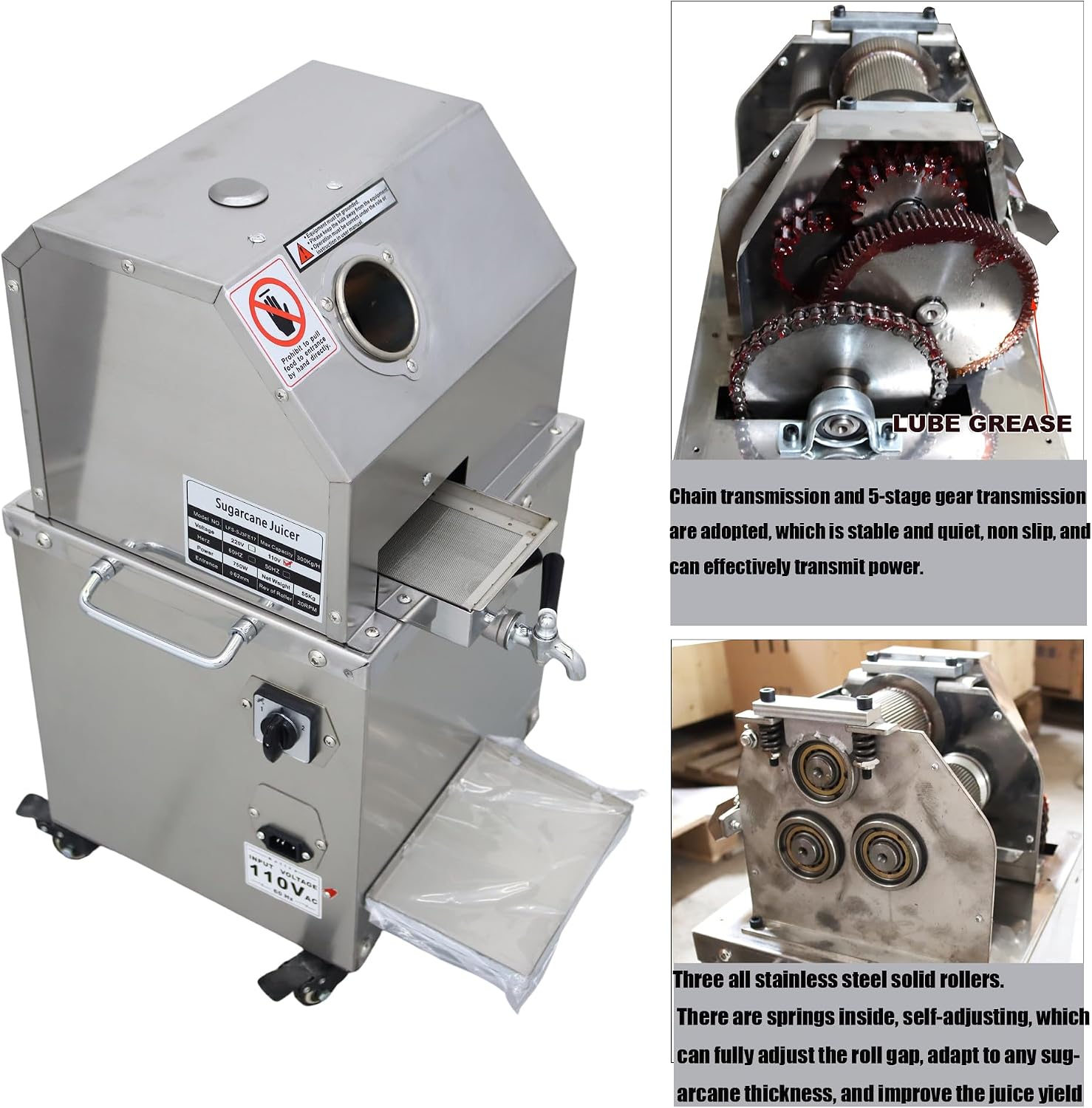 110V 750W Desktop Electric Sugar Cane Press Juice Machine, 3 Rolls Stainless Steel Sugarcane Juicer Grinder Extractor, W/Cleaning Port and 4 Casters