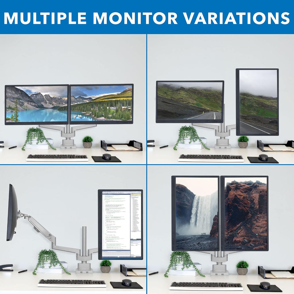 Mount-It! Dual Monitor Mount - Monitor Stands for 2 Monitors, Computer Arms on Desk Stand, Gas Spring Height Adjustable Desk Mount in Silver, VESA 75, 100 Fits Screens Up to 32', Silver Color