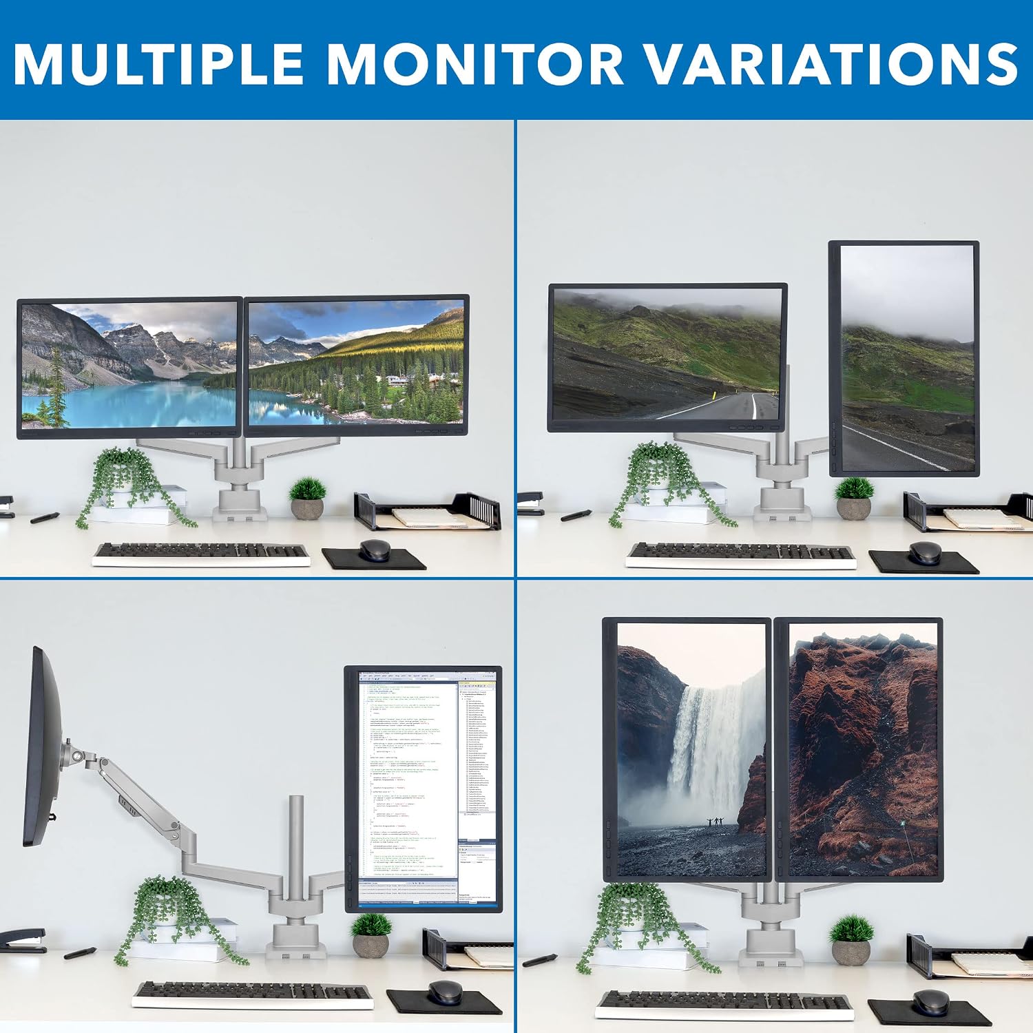 Mount-It! Dual Monitor Mount - Monitor Stands for 2 Monitors, Computer Arms on Desk Stand, Gas Spring Height Adjustable Desk Mount in Silver, VESA 75, 100 Fits Screens Up to 32', Silver Color
