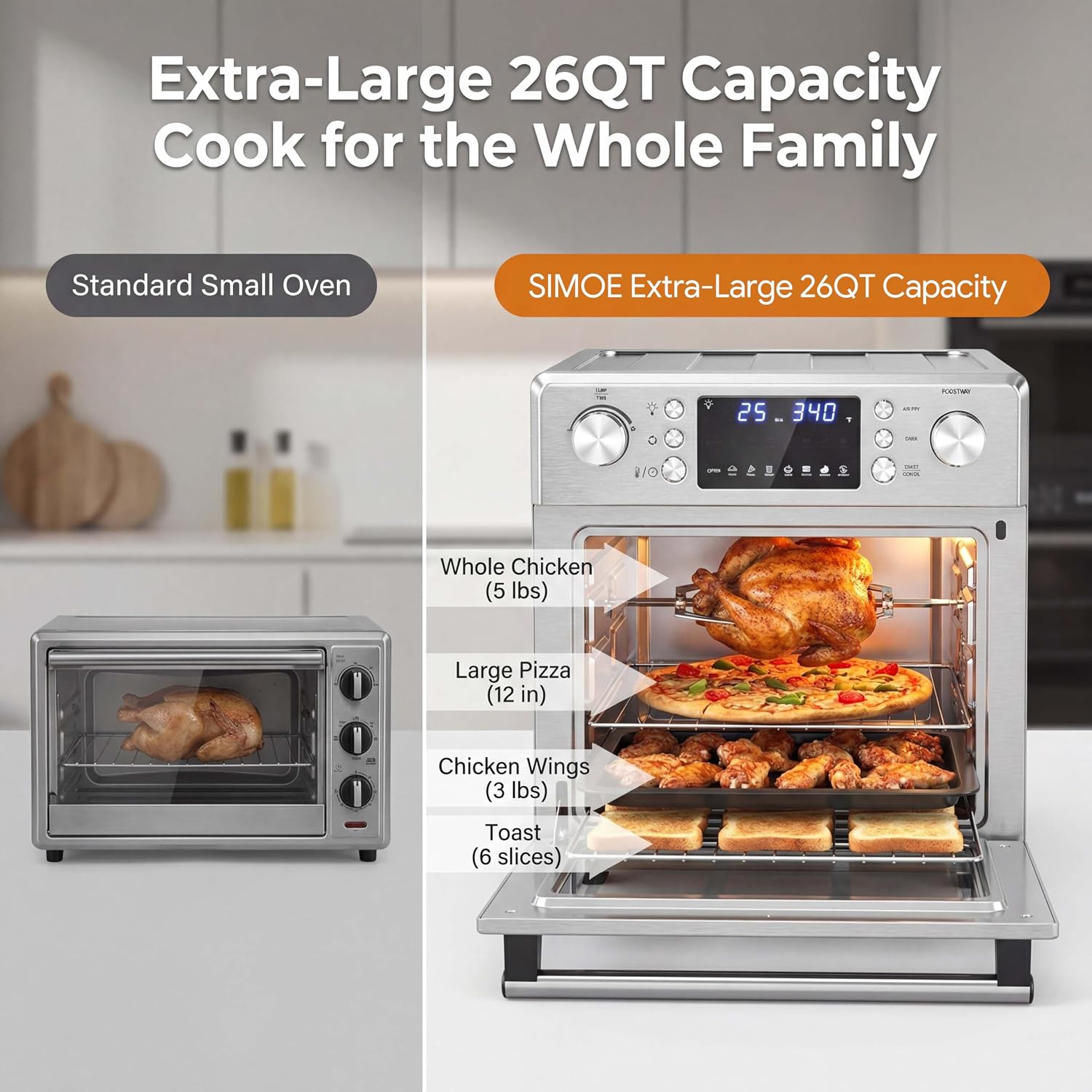 SIMOE Air Fryer Oven 26QT, 14-in-1 Toaster Oven Air Fryer Combo with 1700W Convection, Stainless Steel Countertop Oven with Rotisserie, Dehydrate & Pizza