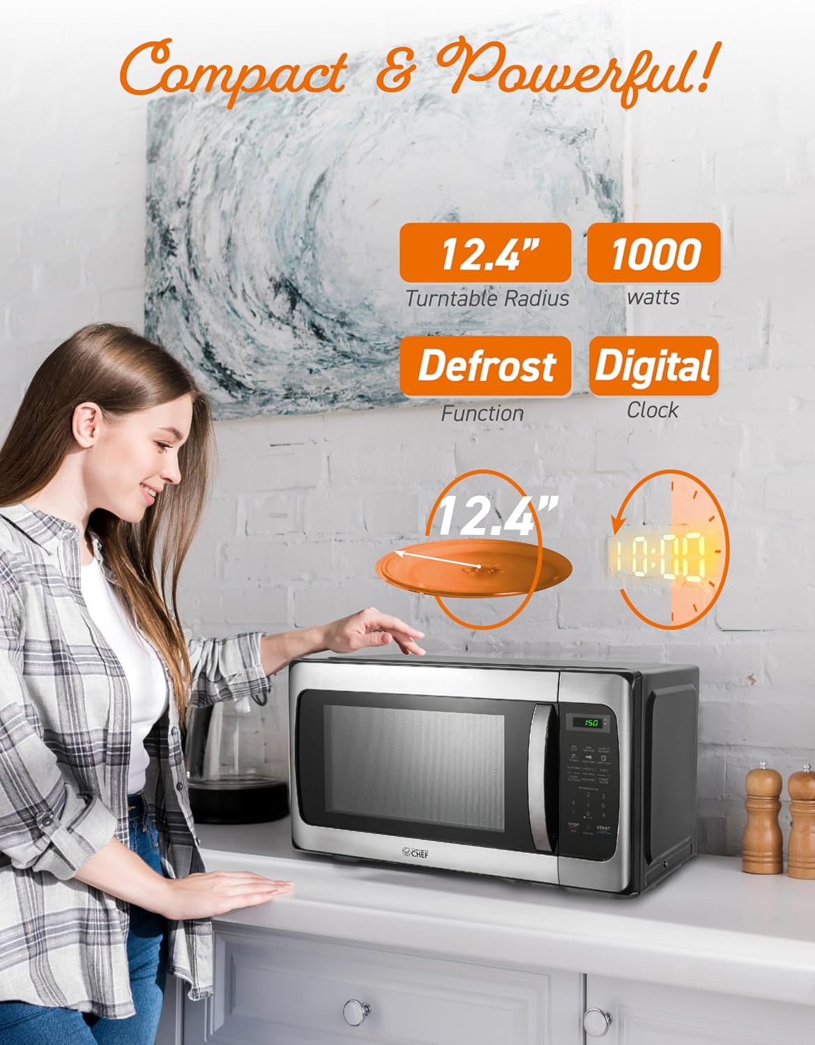 COMMERCIAL CHEF 1.1 Cu Ft Microwave with 10 Power Levels, Microwave 1000W with Push Button Door Lock, Countertop Microwave with Turntable and Digital Controls, Stainless Steel