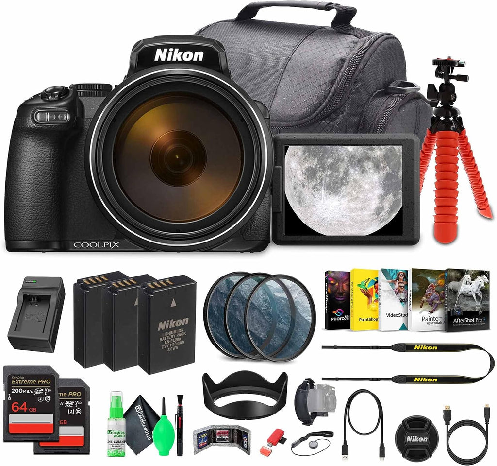 Nikon COOLPIX P1100 125x Super Zoom Compact Digital Camera (26541) + Photo Software + 2 x 64GB Memory Card + Lens Filter Kit + Camera Bag + 2 x EN-EL20 + Charger + More