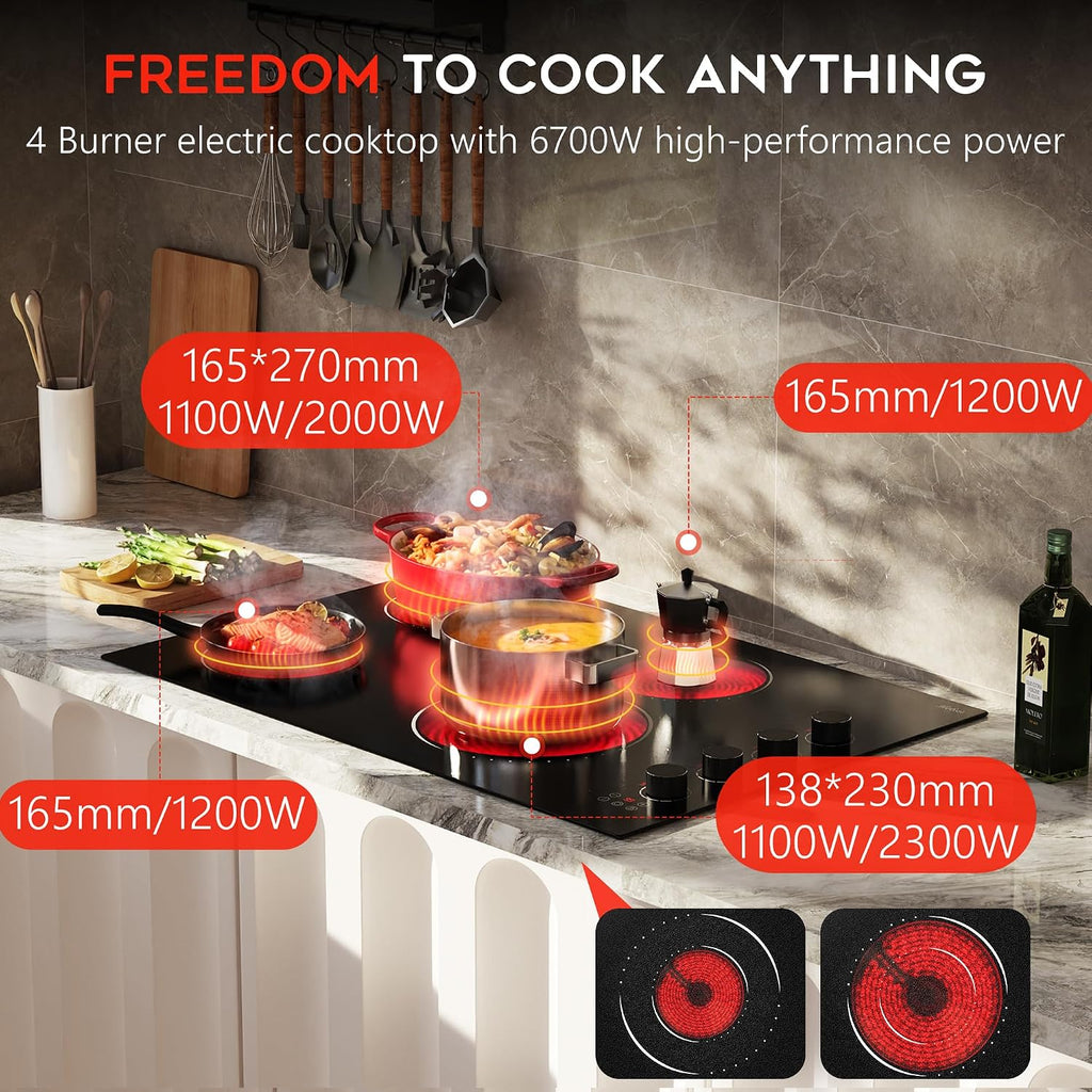 Electric Cooktop 30 Inch Hobsir, 4 Burner Electric Stove Top 6700W, Dual-Ring Burner & Oval Burner, 9 Power Level, 30 Inch Cook top with Safety Lock, Timer, Black Knob
