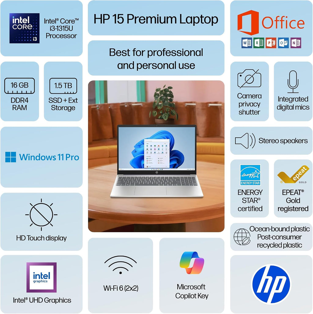 HP Premium 15.6' HD Touchscreen Business Laptop, 16GB RAM, 1.5TB Storage (1TB SSD+500GB Ext), 6-Core Intel i3 Processor (Upto 4.4GHz), Long Battery, MarxsolAccessory, Lifetime Office 2024, Win 11 Pro