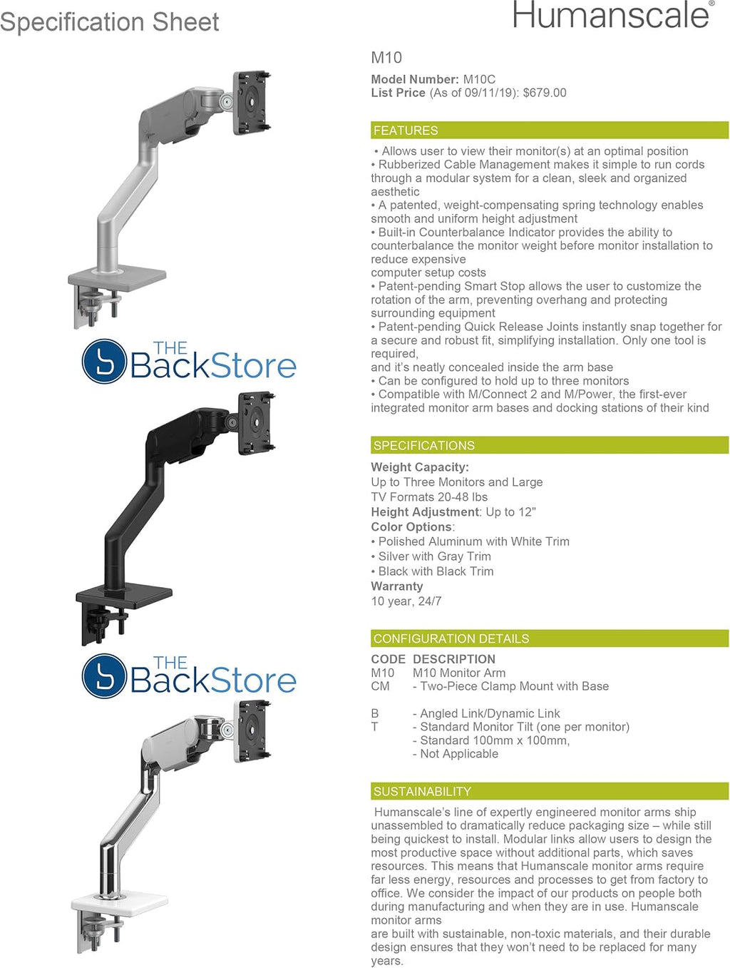 Humanscale M10 Adjustable Heavy Duty Monitor Arm with Angled/Dynamic Links - Two Piece Clamp Mount - Polished Aluminum M10CMWBTB