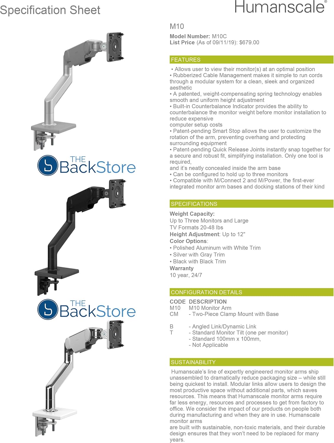 Humanscale M10 Adjustable Heavy Duty Monitor Arm with Angled/Dynamic Links - Two Piece Clamp Mount - Polished Aluminum M10CMWBTB