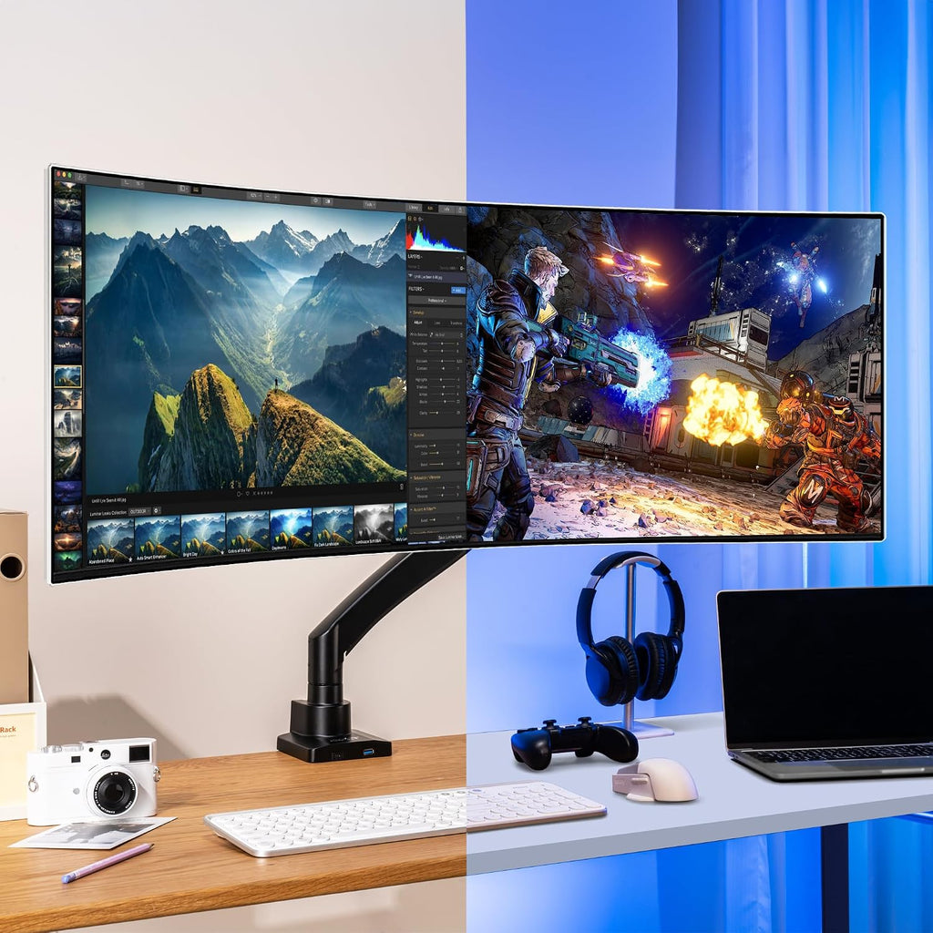 AVLT Single 17'-57' Super Ultrawide Monitor Arm for Screens Up to 59.5 lbs, Premium Aluminum Desk Stand, Adjustable Pneumatic Height, Full Motion Swivel Tilt Rotation, USB-C&A Ports, Black
