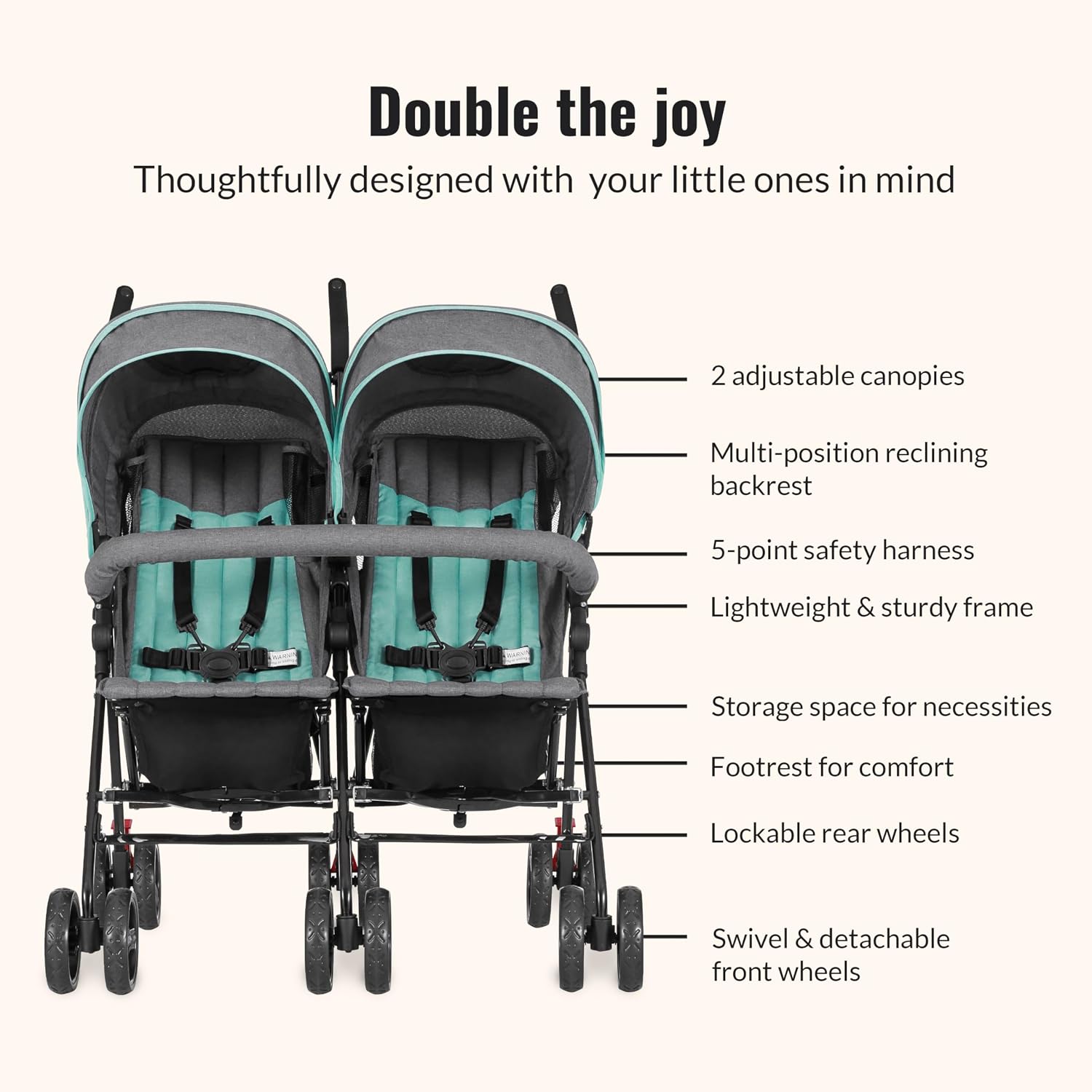 Dream On Me Volgo Twin Baby Stroller, Lightweight Side-by-Side Double Umbrella Stroller with Adjustable Canopy, 5-Point Harness, Storage Basket & Travel-Friendly Fold – Mint
