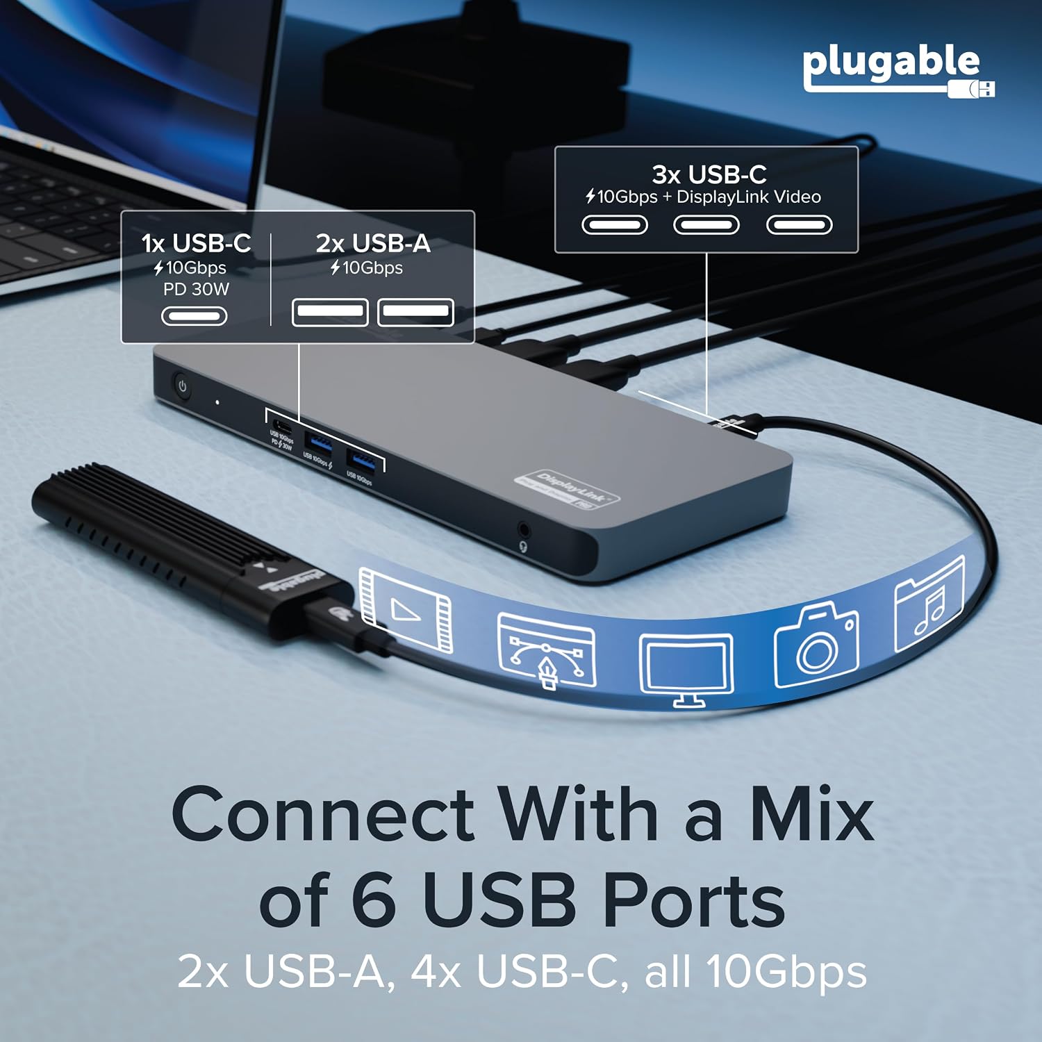Plugable USB C Docking Station 5 Monitors, 140W DisplayLink Dock Connects up to Five 4K Displays for MacBook Windows Thunderbolt 4 Laptops, 2X HDMI, 3X USBC 2.5Gbps Ethernet, Driver Required DL7400