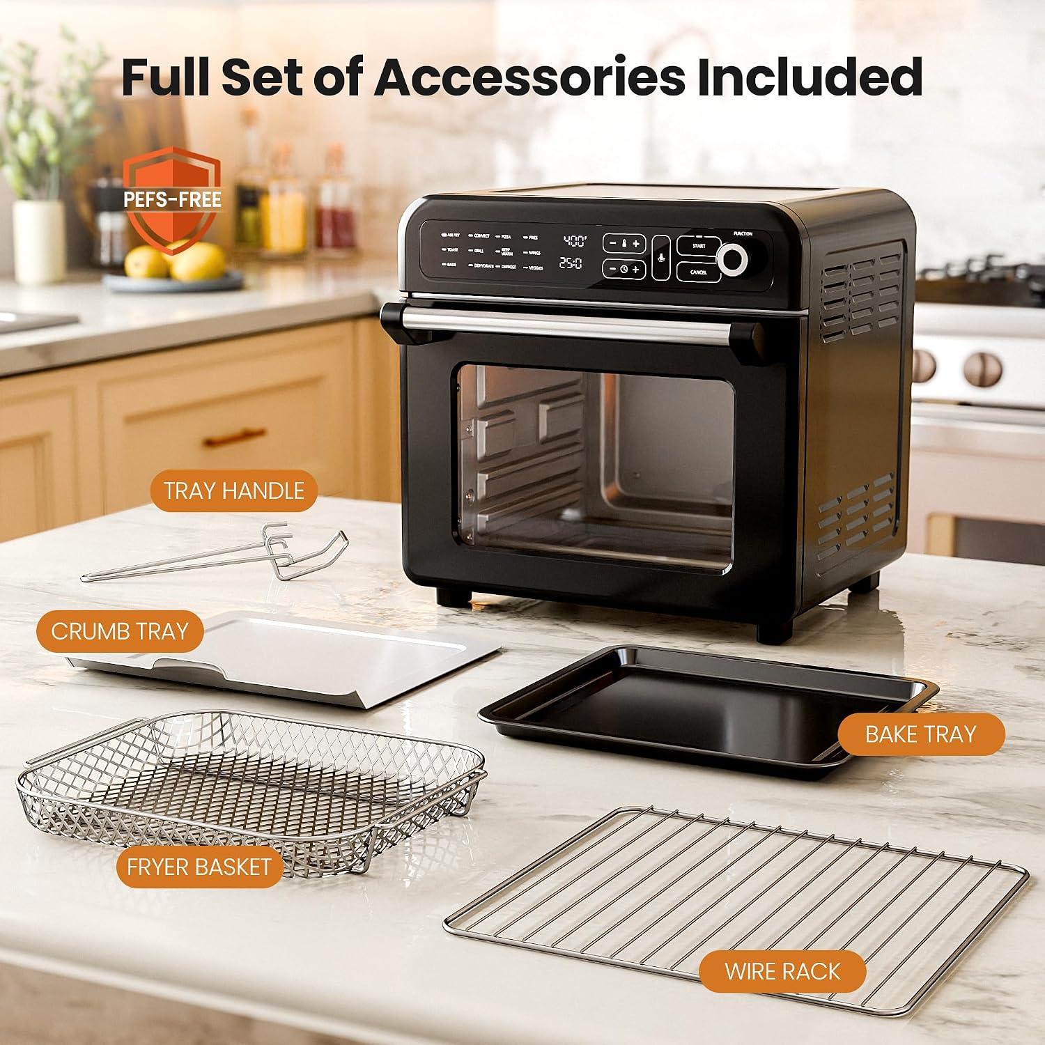 Kismile 18QT Air Fryer Toaster Oven Combo, 12-in-1 Countertop Convection Airfryer Oven, 70–450℉, Bake, Roast, Reheat & Broil, Fits 8–10″ Pizza, Includes Full Accessories, Stainless Steel (Black)