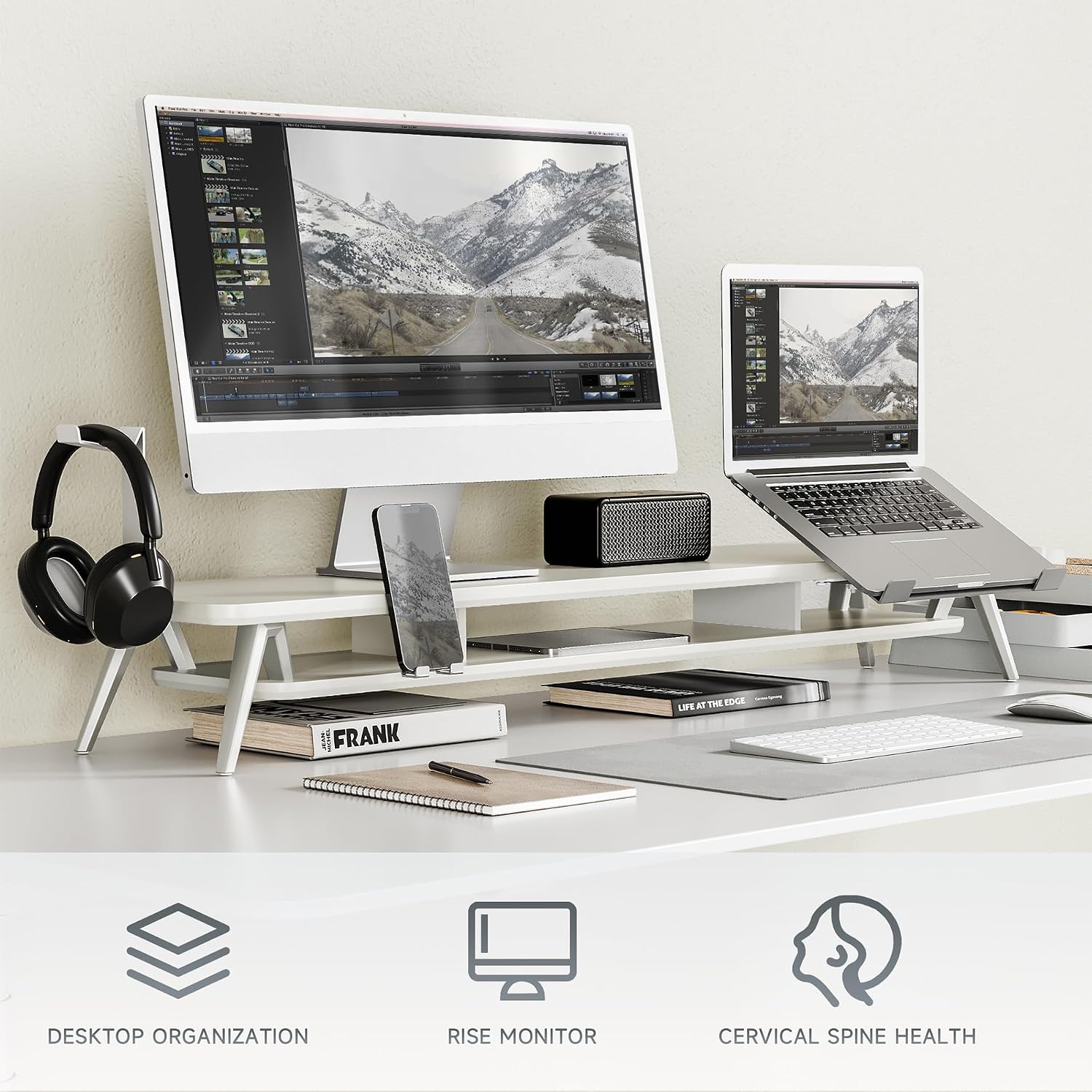 Fenge Dual Monitor Stand, Monitor Riser for 2 Monitors with Adjustable Laptop Riser , 42.5 Inch Desk Shelf for Top of Desk with Phone Holder& Headphone Stand