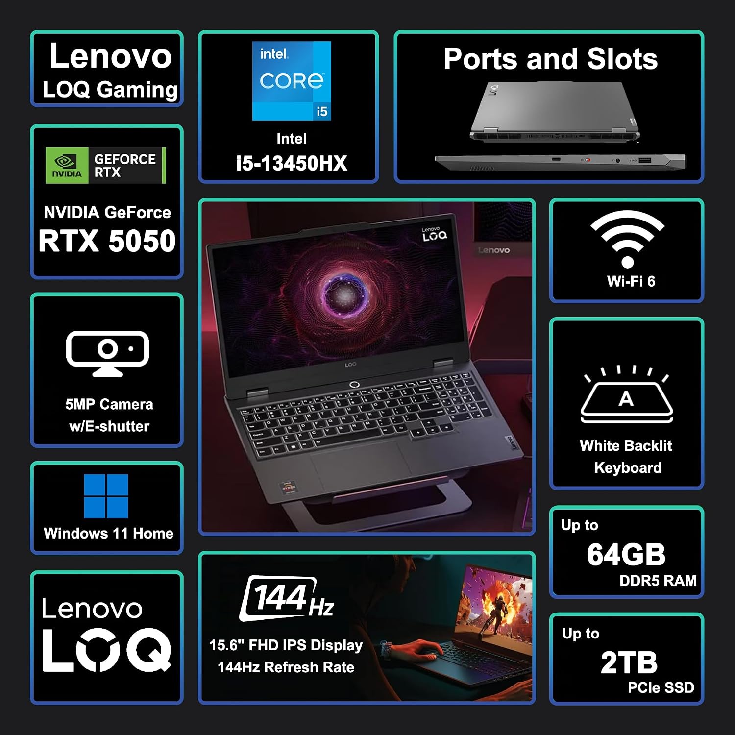 Lenovo LOQ Gaming Laptop 15.6' FHD IPS 144Hz (100% sRGB, G-SYNC) Intel 10-core i5-13450HX 16GB RAM 512GB SSD GeForce RTX 5050 DLSS4 (440 AI Tops) Backlit Nahimic 5MP Privacy Camera Win11 ICP Hub