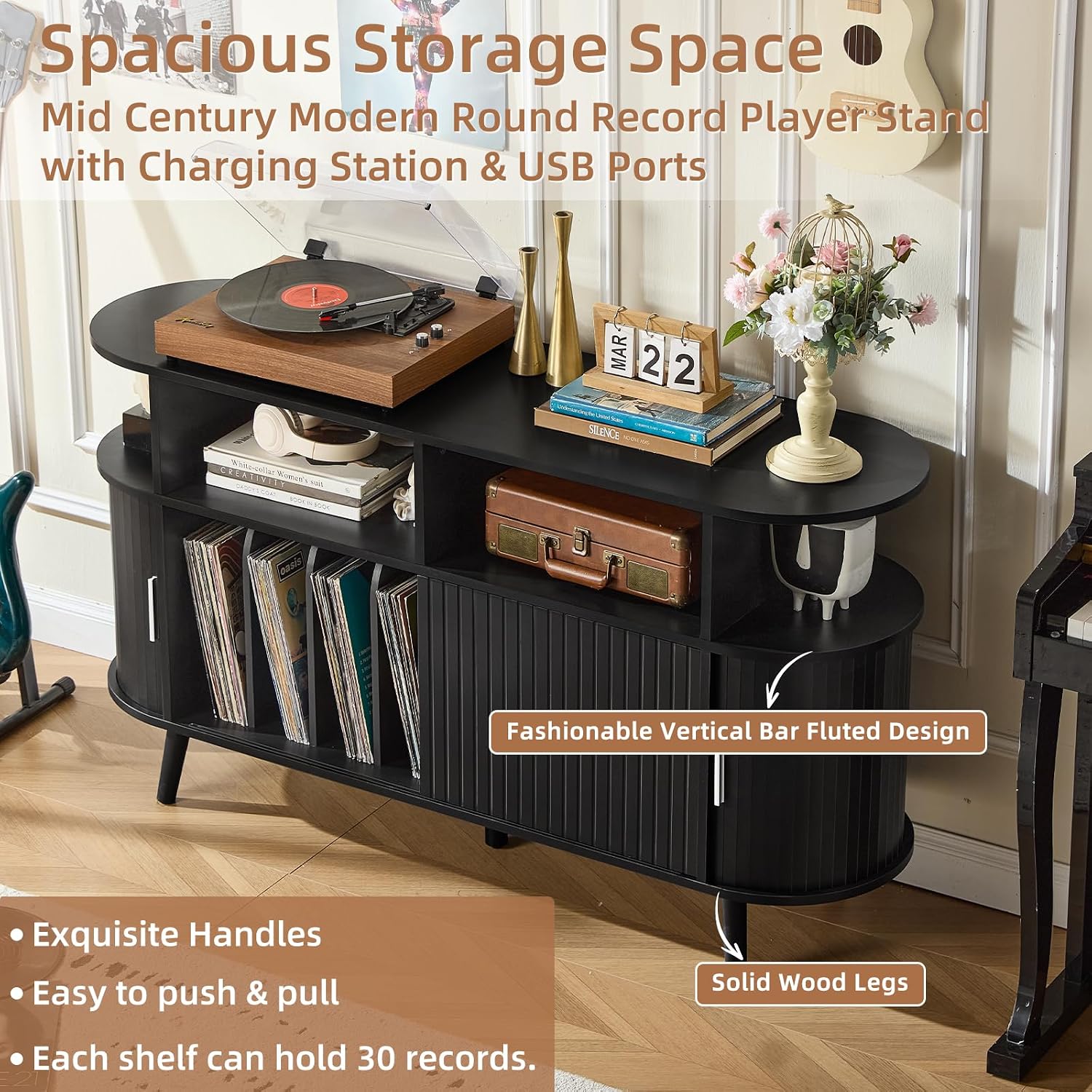 LELELINKY Large Round Record Player Stand with Charging Station & Fluted Panel, Black Farmhouse Turntable Cabinet with Vintage Vinyl Storage, Arched Wood Record Player Table for Living Room