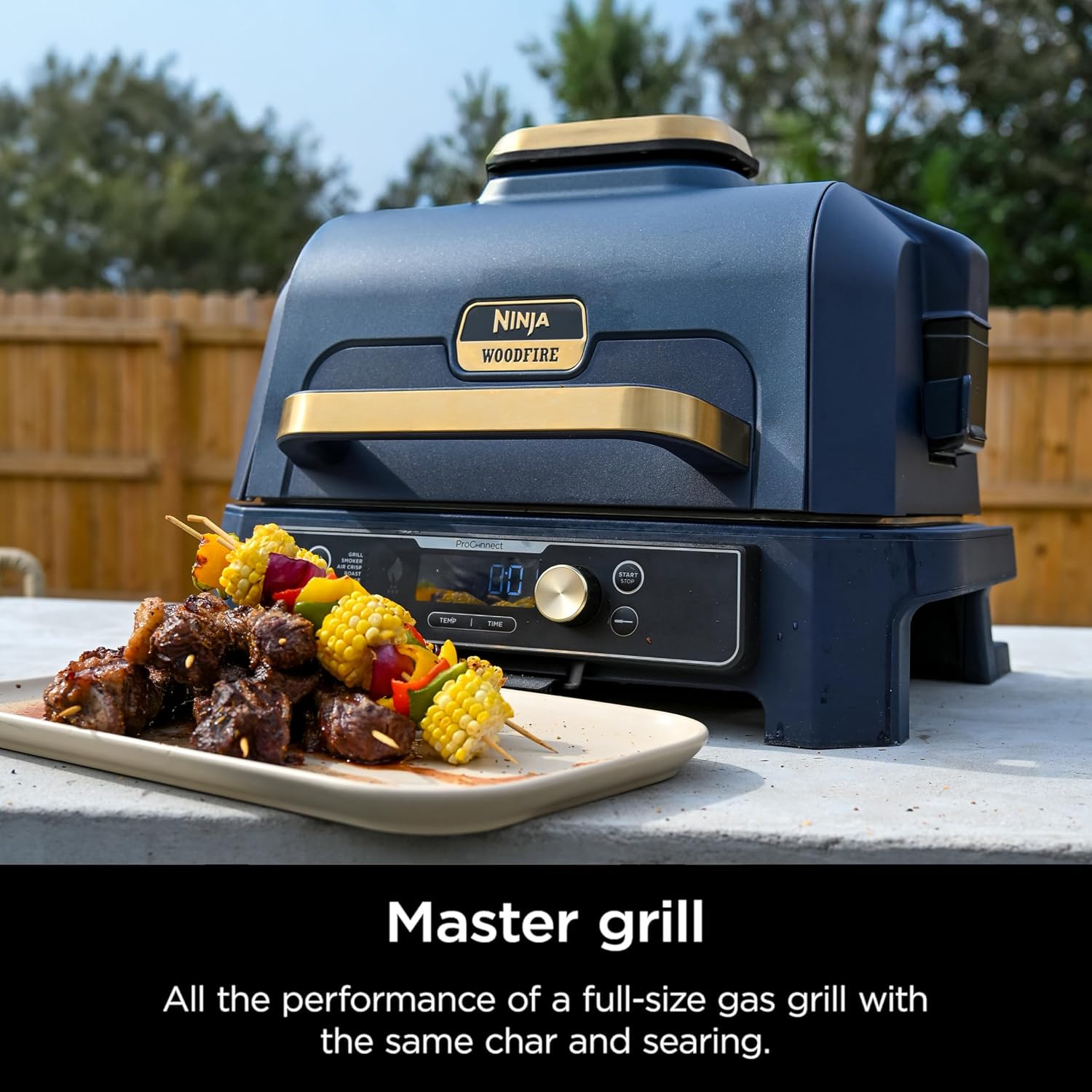 Ninja Woodfire Pro Connect XL Outdoor Grill & Smoker | Bluetooth, App Enabled | 7-in-1 Grill, BBQ Smoker, Outdoor Air Fryer | Woodfire Technology | Built-In Thermometer | Black & Gold | OG951BK1