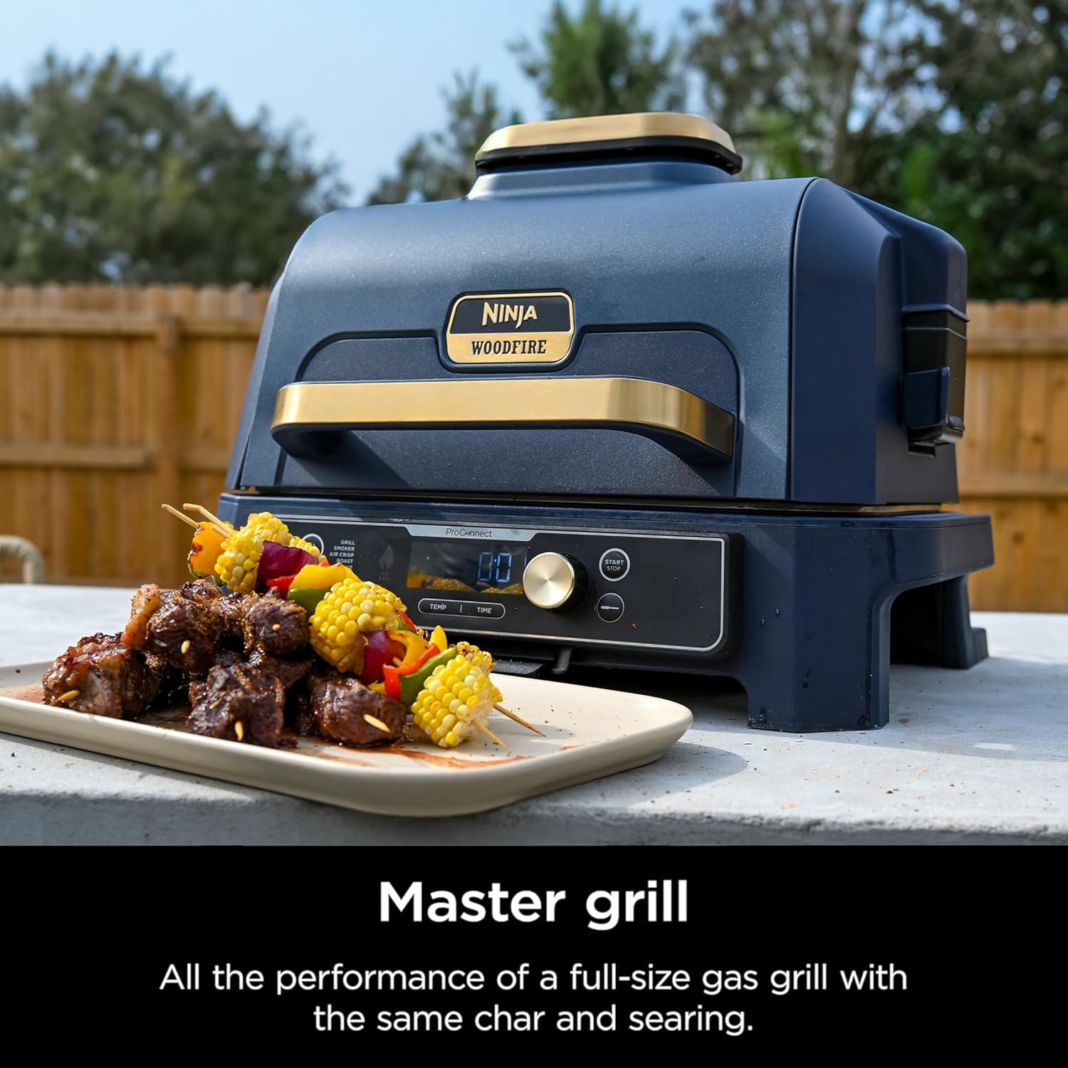 Ninja Woodfire Pro Connect XL Outdoor Grill & Smoker | Bluetooth, App Enabled | 7-in-1 Grill, BBQ Smoker, Outdoor Air Fryer | Woodfire Technology | Built-In Thermometer | Green & Gold | OG951GN2