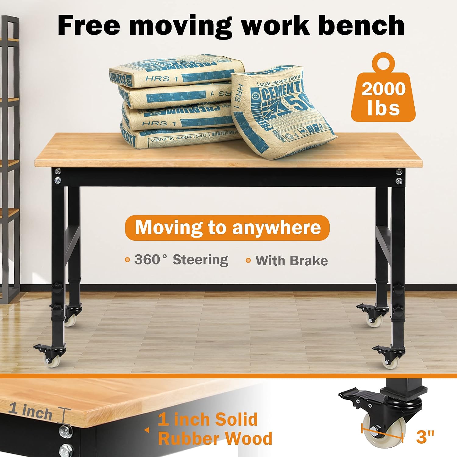 Betterhood 48' Heavy-Duty Adjustable Workbench for Garage, Rubber Wood Shop Table W/Metal Wheels, Hardwood Workstation Weight Capacity Over 2000 Lbs with Wheels