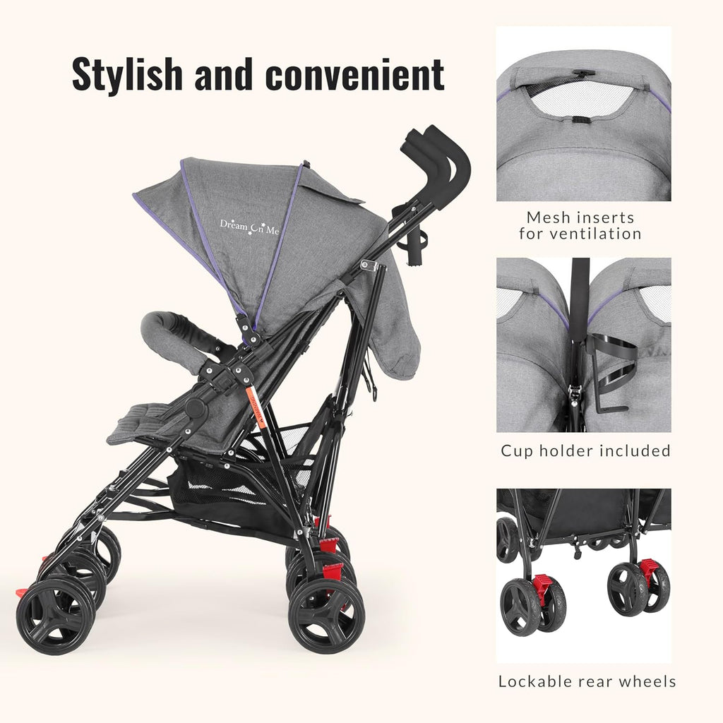 Dream On Me Volgo Twin Baby Stroller, Lightweight Side-by-Side Double Umbrella Stroller with Adjustable Canopy, 5-Point Harness, Storage Basket & Travel-Friendly Fold – Purple