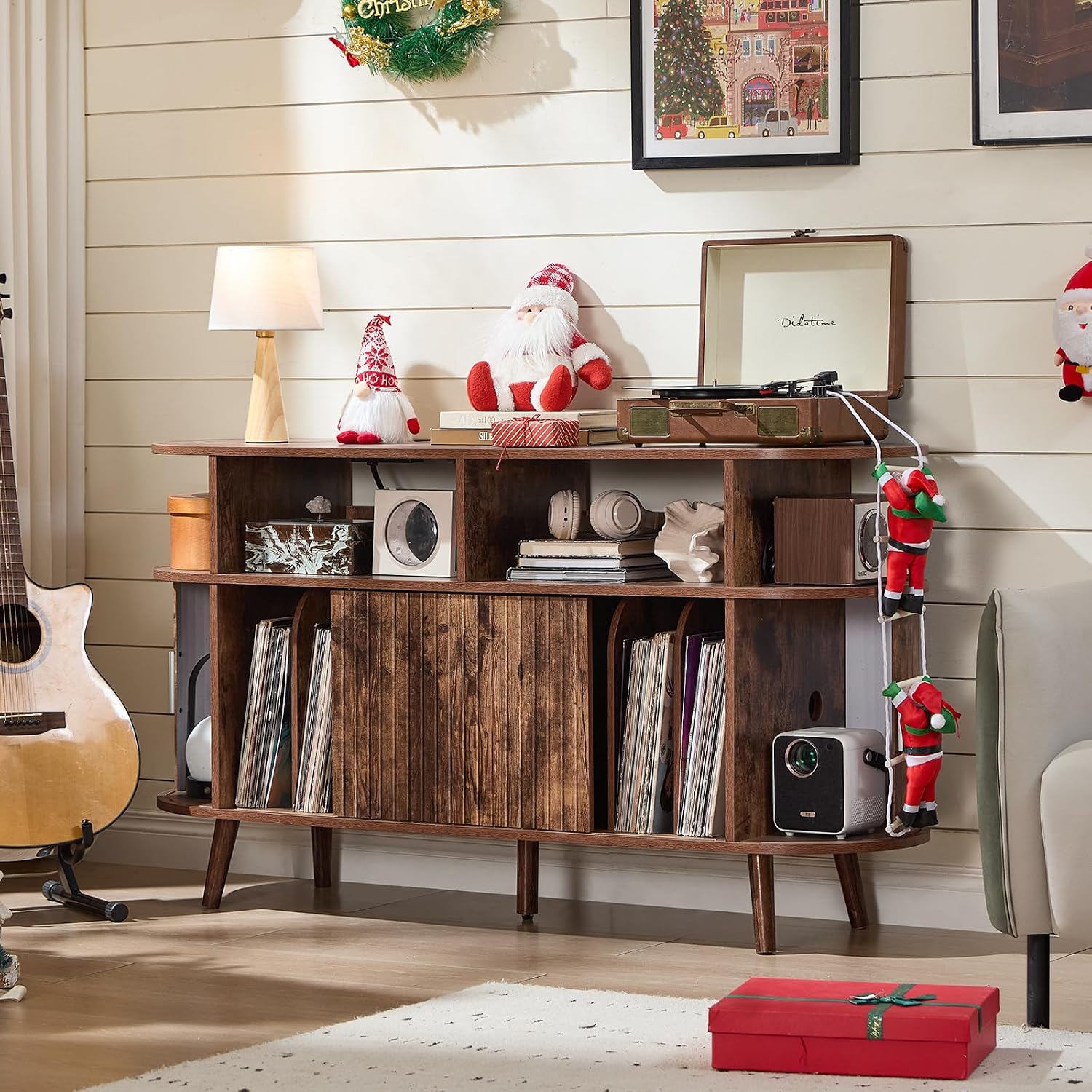LELELINKY Large Round Record Player Stand with Charging Station & Fluted Panel, Brown Mid Century Modern Turntable Cabinet with Vinyl Storage, Arched Wood Record Player Table for Living Room