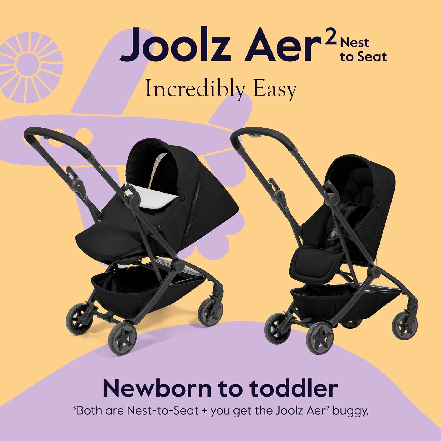 Joolz Aer2 Nest-to-Seat Accessory - Parent-Facing Compact Travel Stroller Seat for Newborn to Toddler (Up to 33 lbs) –Lightweight One-Hand Fold – Airplane Approved – Space Black (Chassis Not Included)