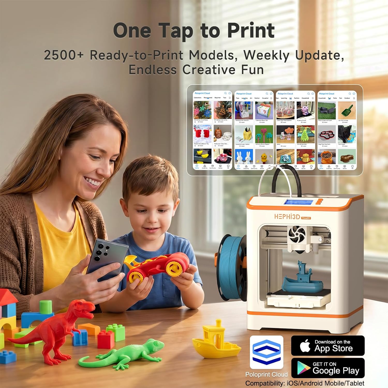 HEPHi3D TINA2C 3D Printer with WiFi Cloud Print, Fully Assembled Mini 3D Printer for Beginners and Kids, Auto Leveling, 2500+ Models APP Control 3D Printers Fully Open Source for Home, School, Office