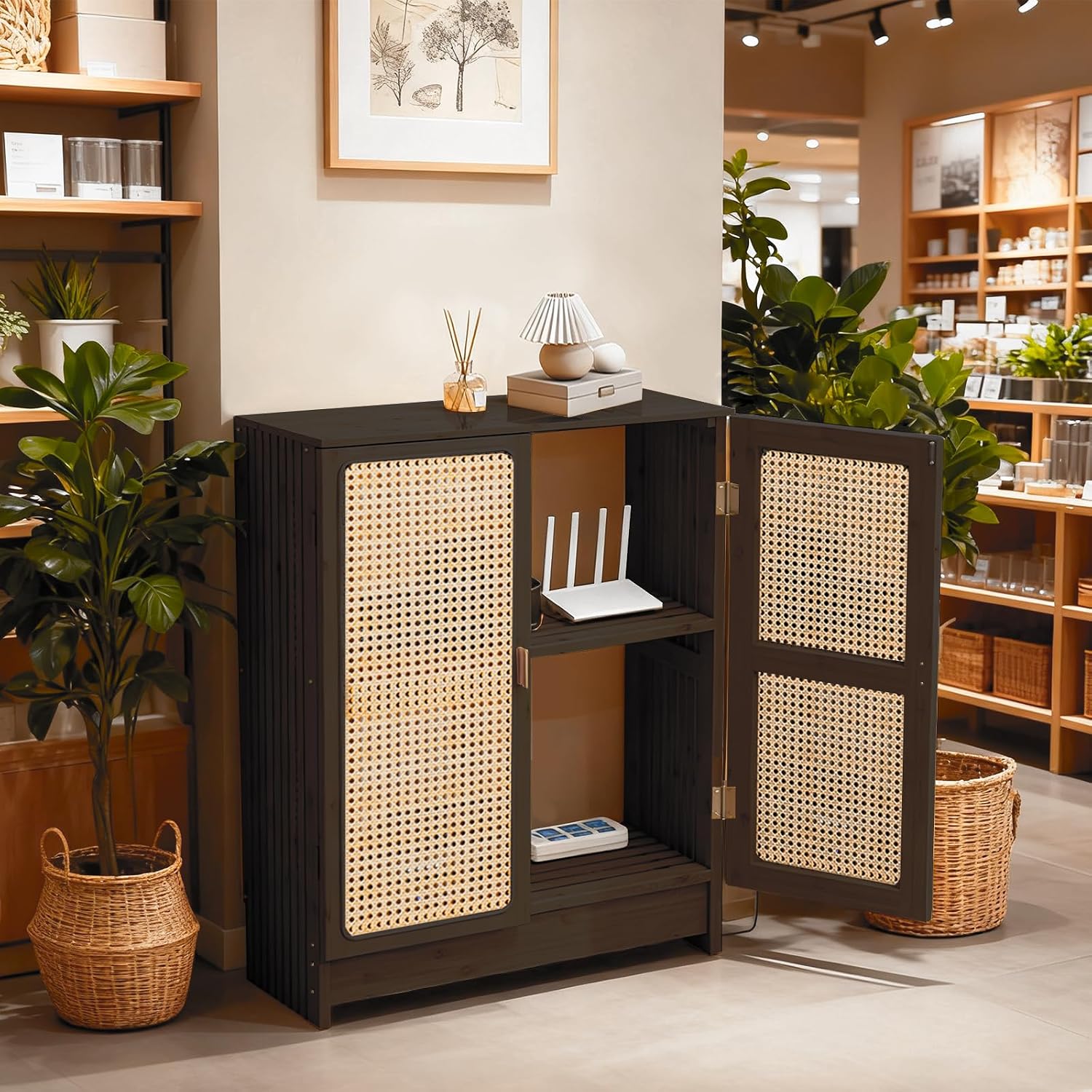 Jueraori WiFi Router Storage Cabinet, Bamboo Router Cabinet with Adjustable Shelves, Multimedia Audio Rack with Doors, 2 Layer Standing Cabinets for Home and Office