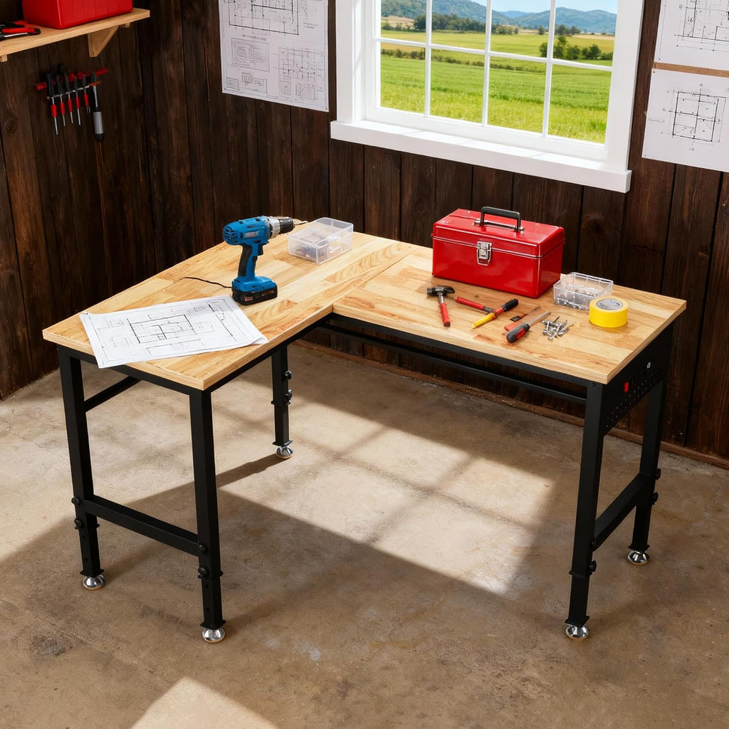 Betterhood Adjustable L-Shaped Workbench, Rubber Wood Top Heavy Duty Workstation with Power Outlets, 2000 LBS Load Capacity Hardwood Worktable for Workshop, Garage, Office, Home, Commercial