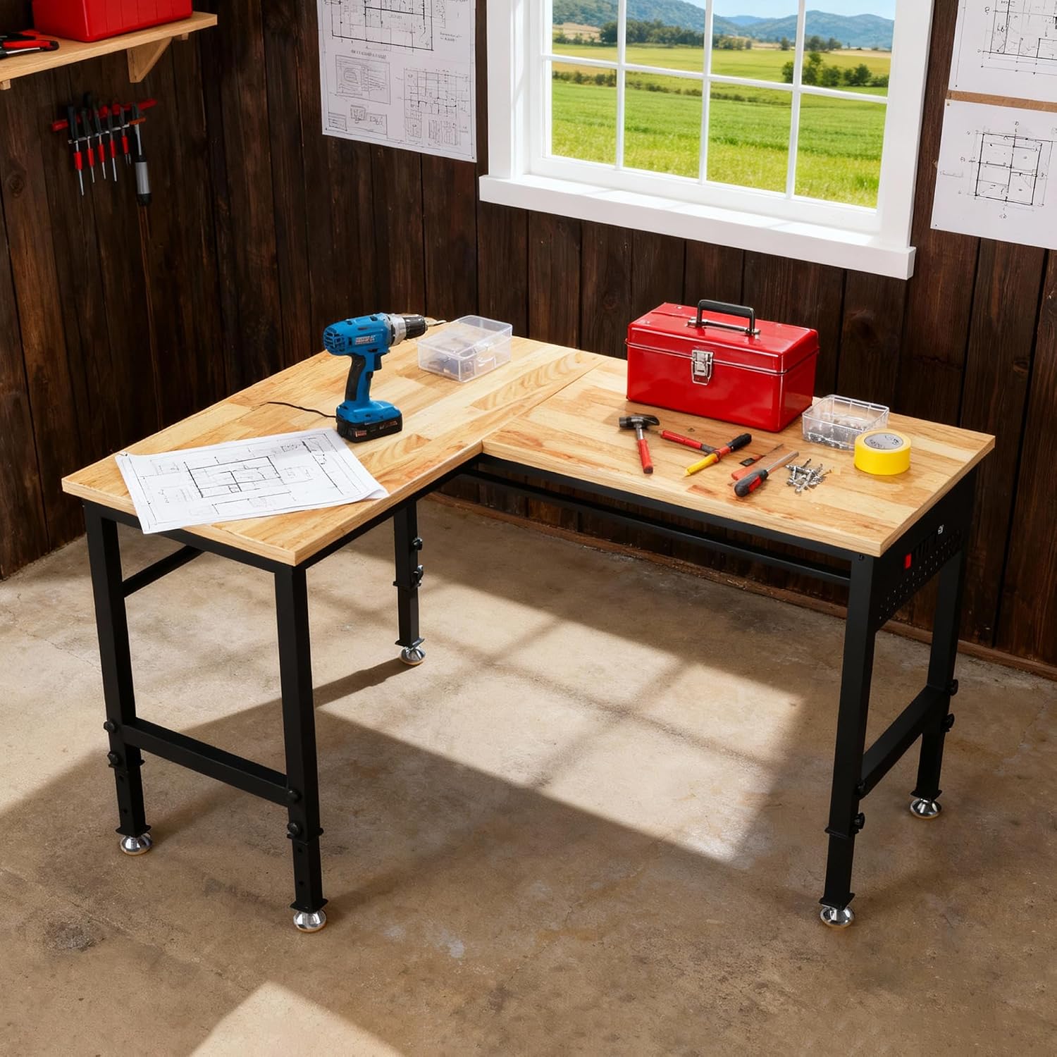 Betterhood Adjustable L-Shaped Workbench, Rubber Wood Top Heavy Duty Workstation with Power Outlets, 2000 LBS Load Capacity Hardwood Worktable for Workshop, Garage, Office, Home, Commercial