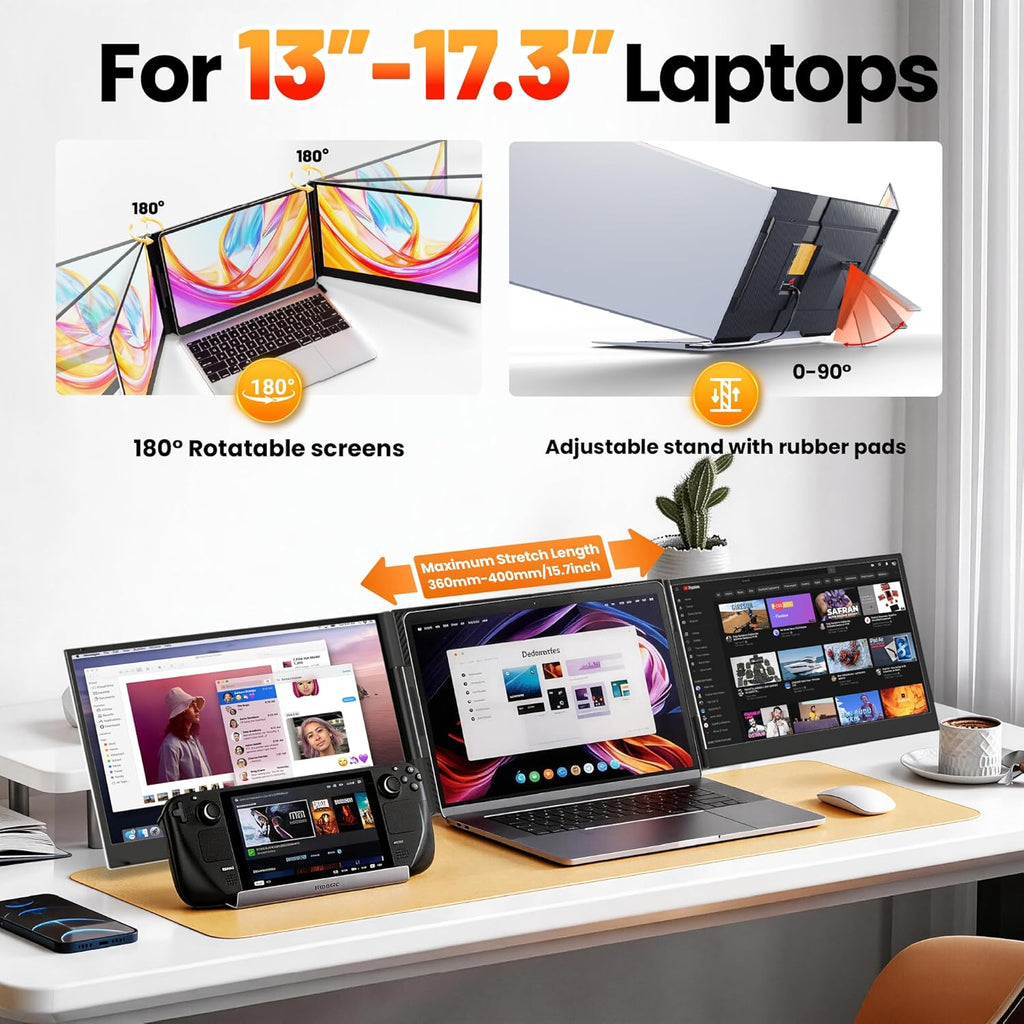 Laptop Screen Extender Triple Monitor, 15.6' FHD 1080P USB-C One Cable Plug n Play Portable Monitor for Laptops 13-17', 0.16' Ultra-Slim Travel Monitor for Mac/Win/Android (Driver Required)