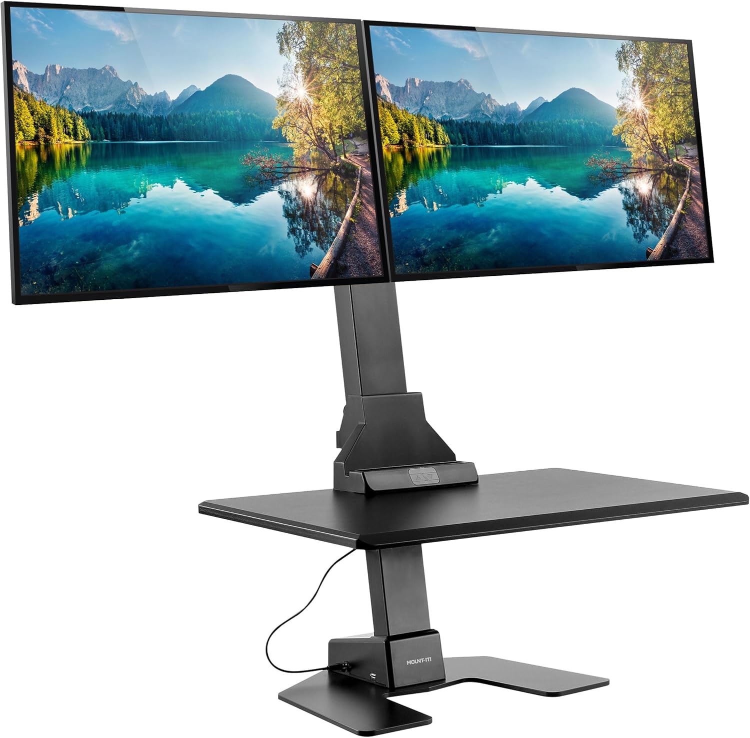 Mount-It! Double Monitor Electric Standing Desk Converter - 2 Screens Stand Up Desk Riser - Height Adjustable Desktop & 2 Mounts for Screens up to 32', Sit-Stand Convertor for Home, Office, School