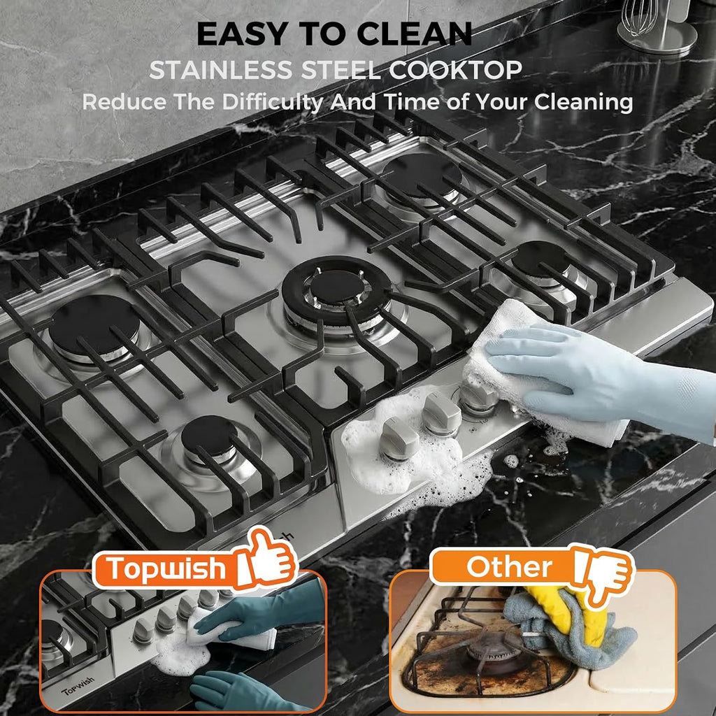 30 Inch Gas Cooktop, TOPWISH Gas Stove Top with 5 High Efficiency SABAF Burners, 41400 BTU, NG/LPG Convertible 304 Stainless Steel Built-in Propane Stovetop with Thermocouple Protection, 120V AC