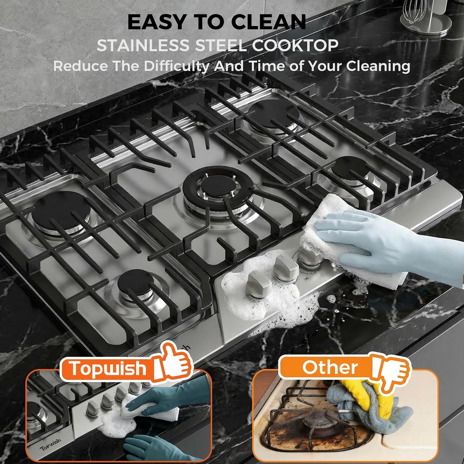 30 Inch Gas Cooktop, TOPWISH Gas Stove Top with 5 High Efficiency SABAF Burners, 41400 BTU, NG/LPG Convertible 304 Stainless Steel Built-in Propane Stovetop with Thermocouple Protection, 120V AC