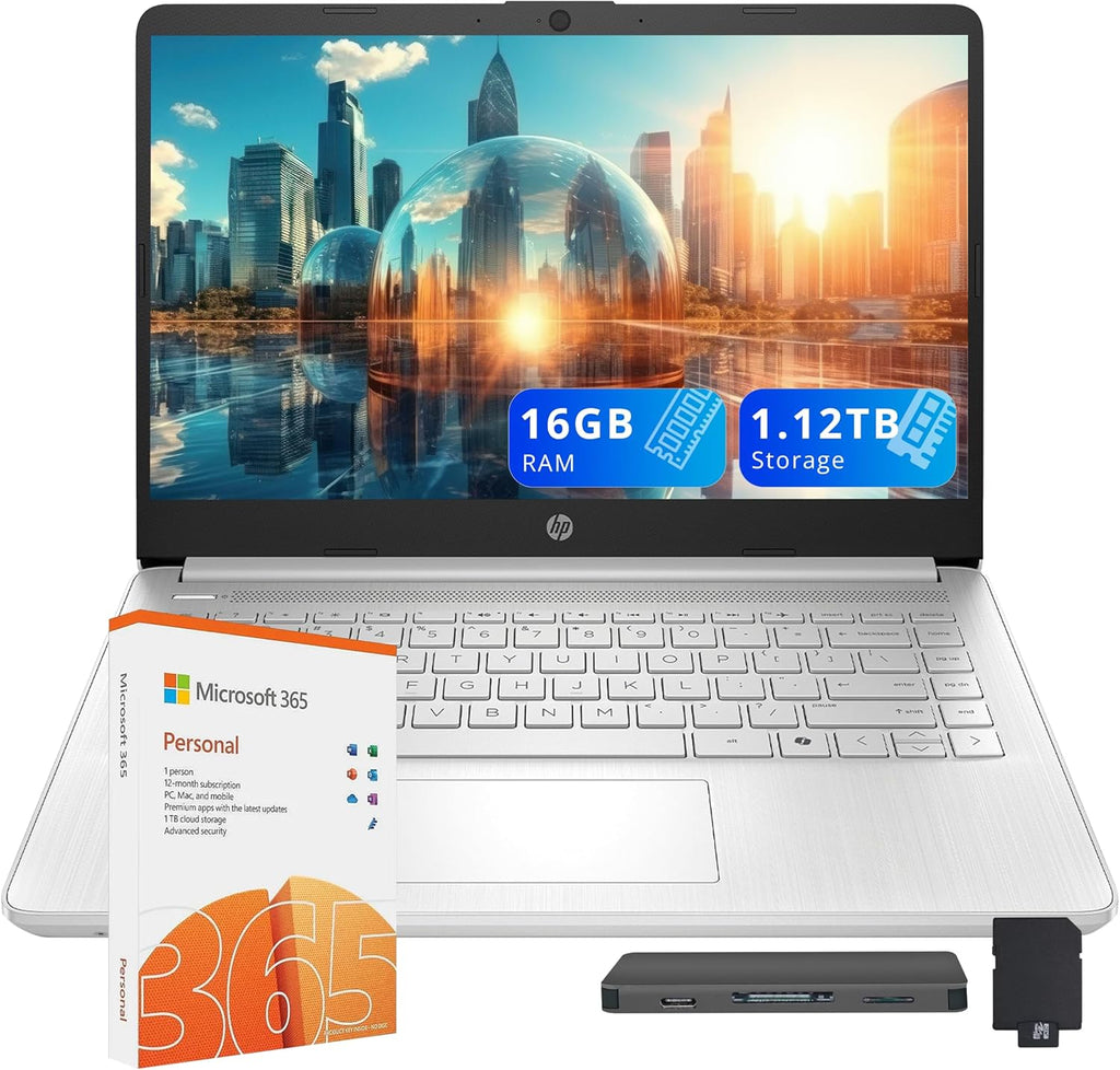 HP Stream 14' HD Laptop, Intel Processor N150, 16GB RAM, 1.12TB Storage(128GB UFS+1TB Docking Station Set), Intel Graphics, Webcam, Wi-Fi 6, 1 Year Office 365, Copilot, Fast Charge, Win 11, Silver