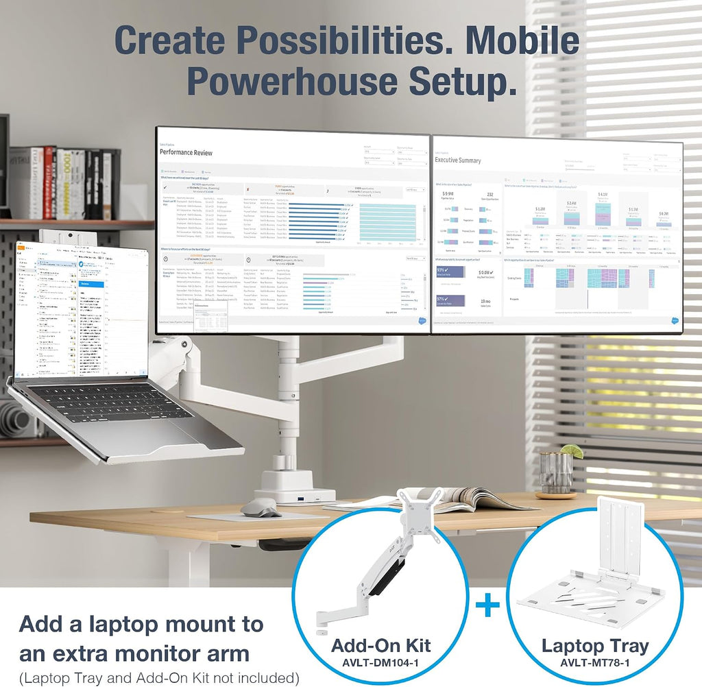 AVLT Dual 57 Inch Heavy Duty Stacking Monitor Arm Pole Top Mount with USB-C&A Ports-White, Height Adjustable, Easy Install Top C-Clamp/Grommet w/Reinforcement Plates, VESA Compatible 200/100/75