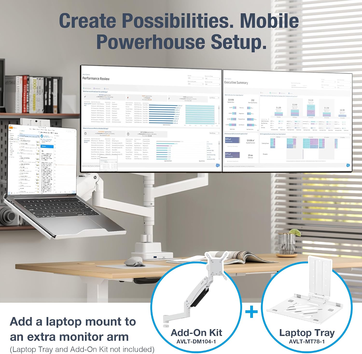 AVLT Dual 57 Inch Heavy Duty Stacking Monitor Arm Pole Top Mount with USB-C&A Ports-White, Height Adjustable, Easy Install Top C-Clamp/Grommet w/Reinforcement Plates, VESA Compatible 200/100/75