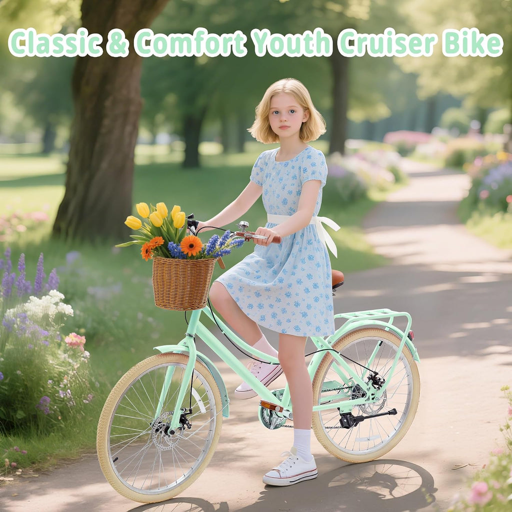 DEYGIA Kids Bike, Retro Cruiser Bike for Girls, 20 24 Inch 7-Speed Kids Bicycles for Ages 6-14 Girls Youth with Rattan Basket, Dual-Disc Brake Carbon Steel Frame Lightweight Bicycle, Multiple Colors