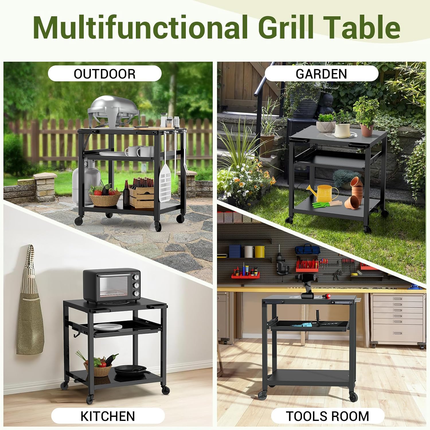 NUUK Outdoor Grill Prep Table 24'x30' Metal Grill Cart Outside 3-Layer Pizza Oven Table Movable with Universal Wheels for BBQ Backyard Patio