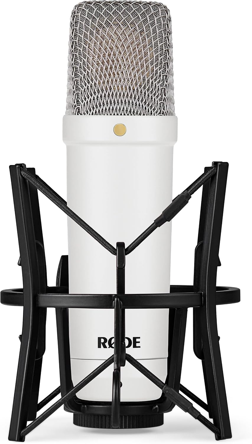 Rode NT1 Signature Series Condenser Microphone (White) with Scarlett 2i2 4th Gen USB Audio Interface, White NTH-100 Professional Over-Ear Headphones and On-Stage MS7701B Boom Microphone Stand