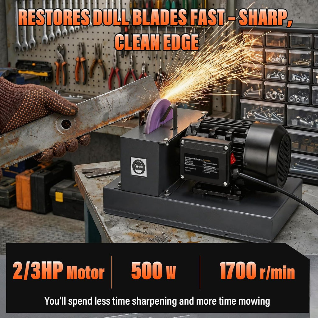 Lawn Mower Blade Sharpener – 2/3HP 500W Lawnmower Bench Grinder with 7-Inch Ceramic Grinding Wheel, Extra 60-Grit Ceramic Sandpapers, and 30°/40° Brackets for High/Low Lift, Gator & Flat Blades