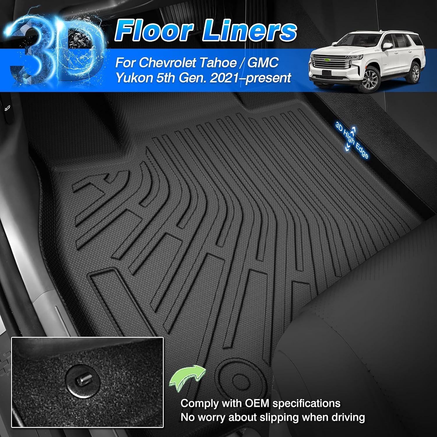 Floor Mats for Chevy Tahoe/GMC Yukon 7 Seats Bucket Seat (Not for Yukon XL) 2021-2025 2026, All Weather Cargo Liner for Tahoe Accessories, Heavy Duty Car Mats, Car Accessories