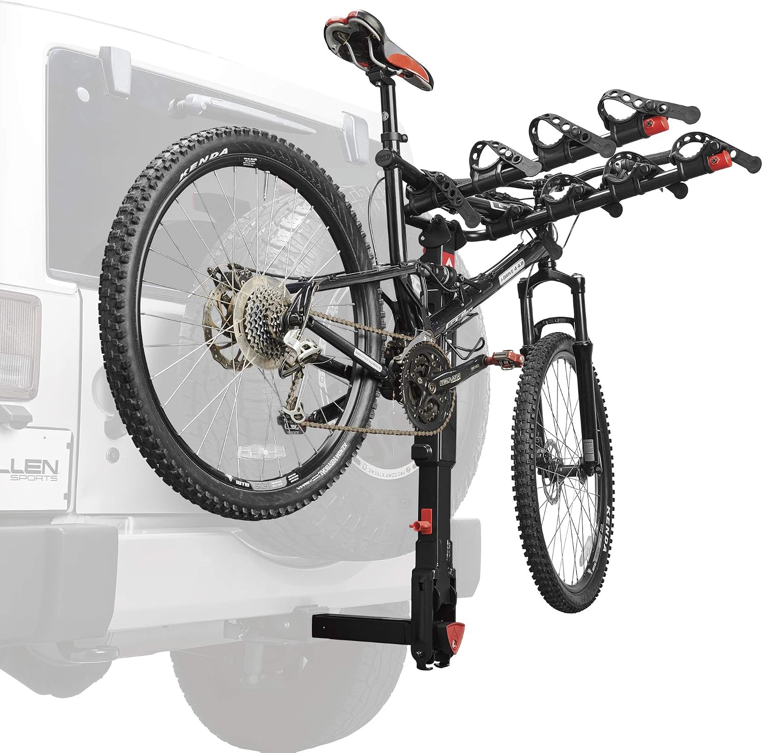 Allen Sports Premier Locking Quick Release 4-Bike Carrier for 2 Inch Hitch on Vehicles with Spare Tire, Model 400QR, Black & Tension Bar Bicycle Cross-Bar Adaptor, Black, One Size