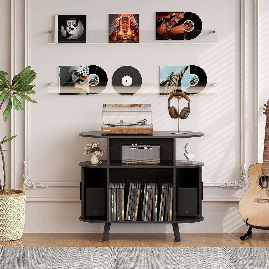 Garvee 35'' Fluted Mid Century Modern Turntable Cabinet, Large Round Record Player Stand with Charging Station and Display Shelf, Arched Wood Record Player Table for Living Room