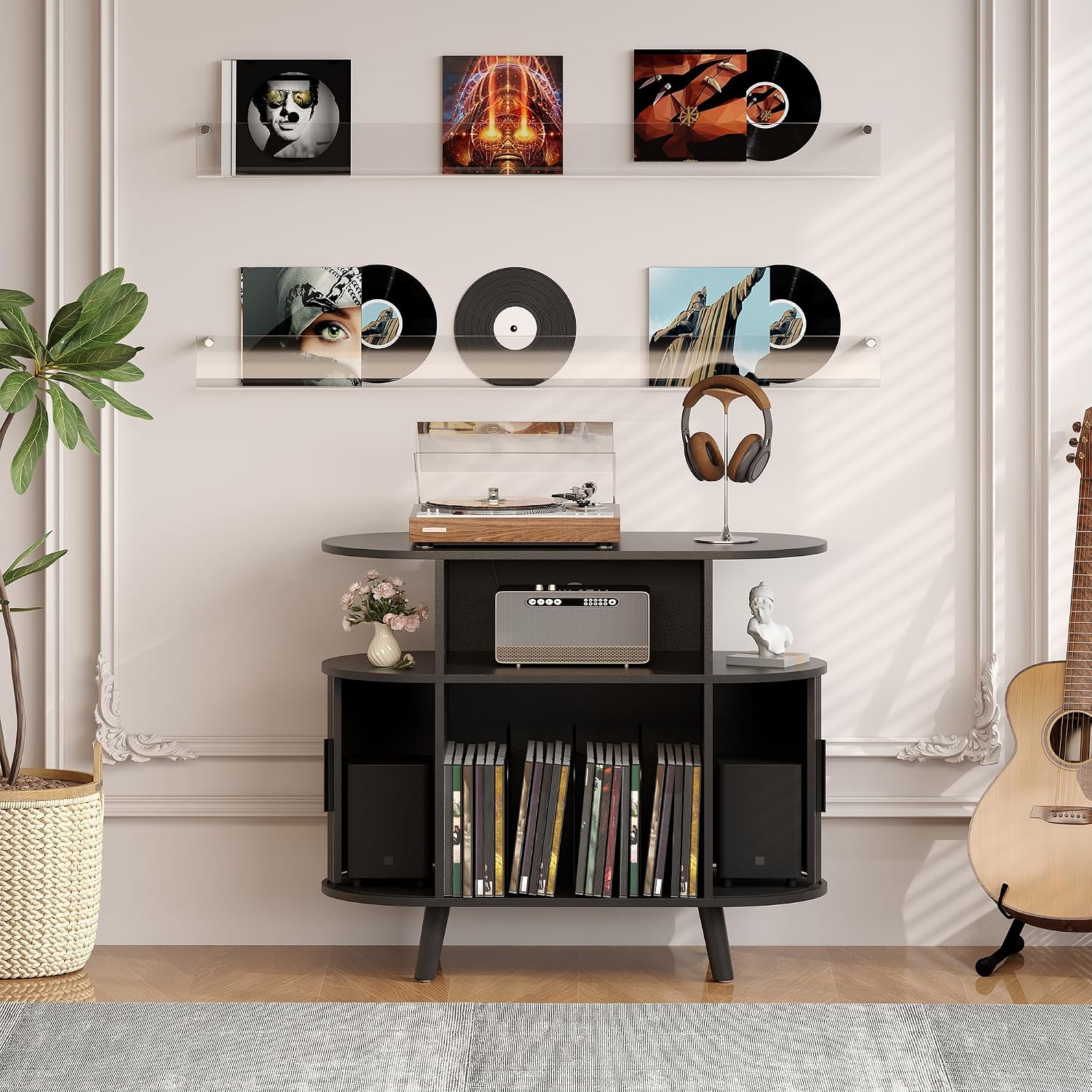 Garvee 35'' Fluted Mid Century Modern Turntable Cabinet, Large Round Record Player Stand with Charging Station and Display Shelf, Arched Wood Record Player Table for Living Room