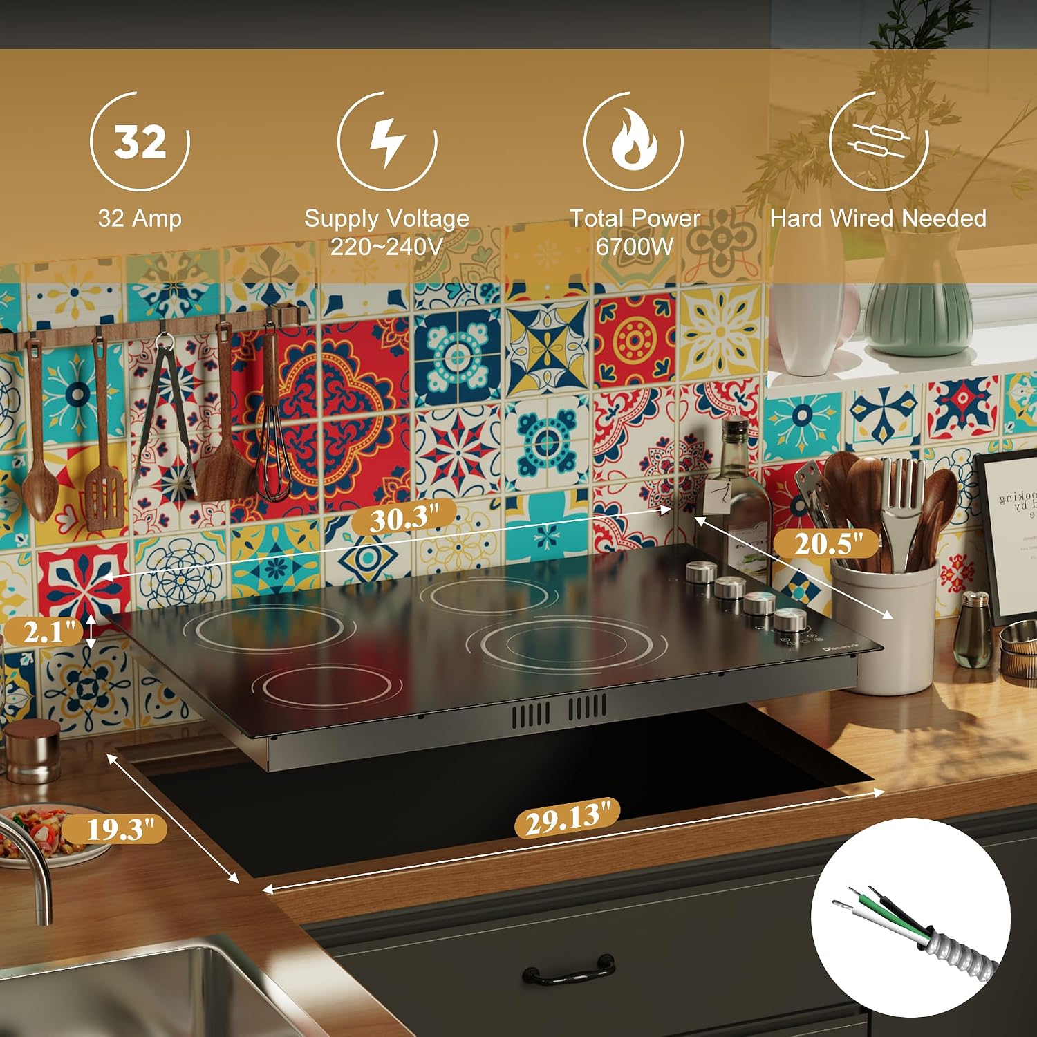 30 Inch Electric Cooktop 4 Burner - Built-in(29.13'x19.3') Ceramic Stove 6700W, 30' Radiant Electric Cook Top with Timer, Safety Lock, Pause, Dual Ring, 220V - 240V Hard Wired(Silver Knob)