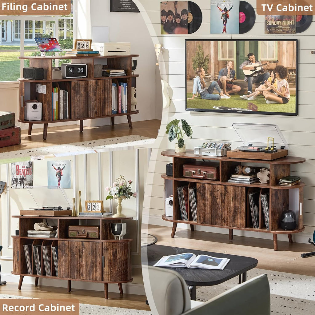 LELELINKY Large Round Record Player Stand with Charging Station & Fluted Panel, Brown Mid Century Modern Turntable Cabinet with Vinyl Storage, Arched Wood Record Player Table for Living Room